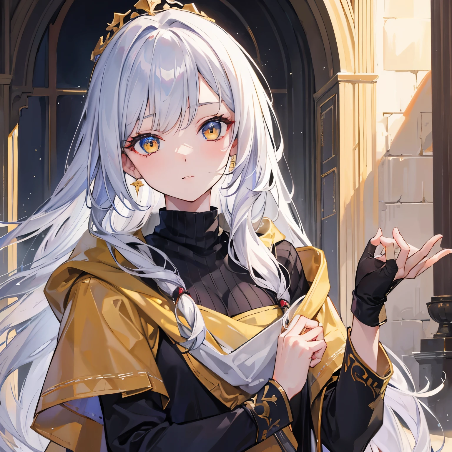 girl, silver hair, golden eyes, long dress, medieval,Middle Ages, off-the-shoulder, military uniform, neck scarf, illustrations, high-res, ultra-detailed, realistic, vivid colors, portraits, warm color tones, soft lighting