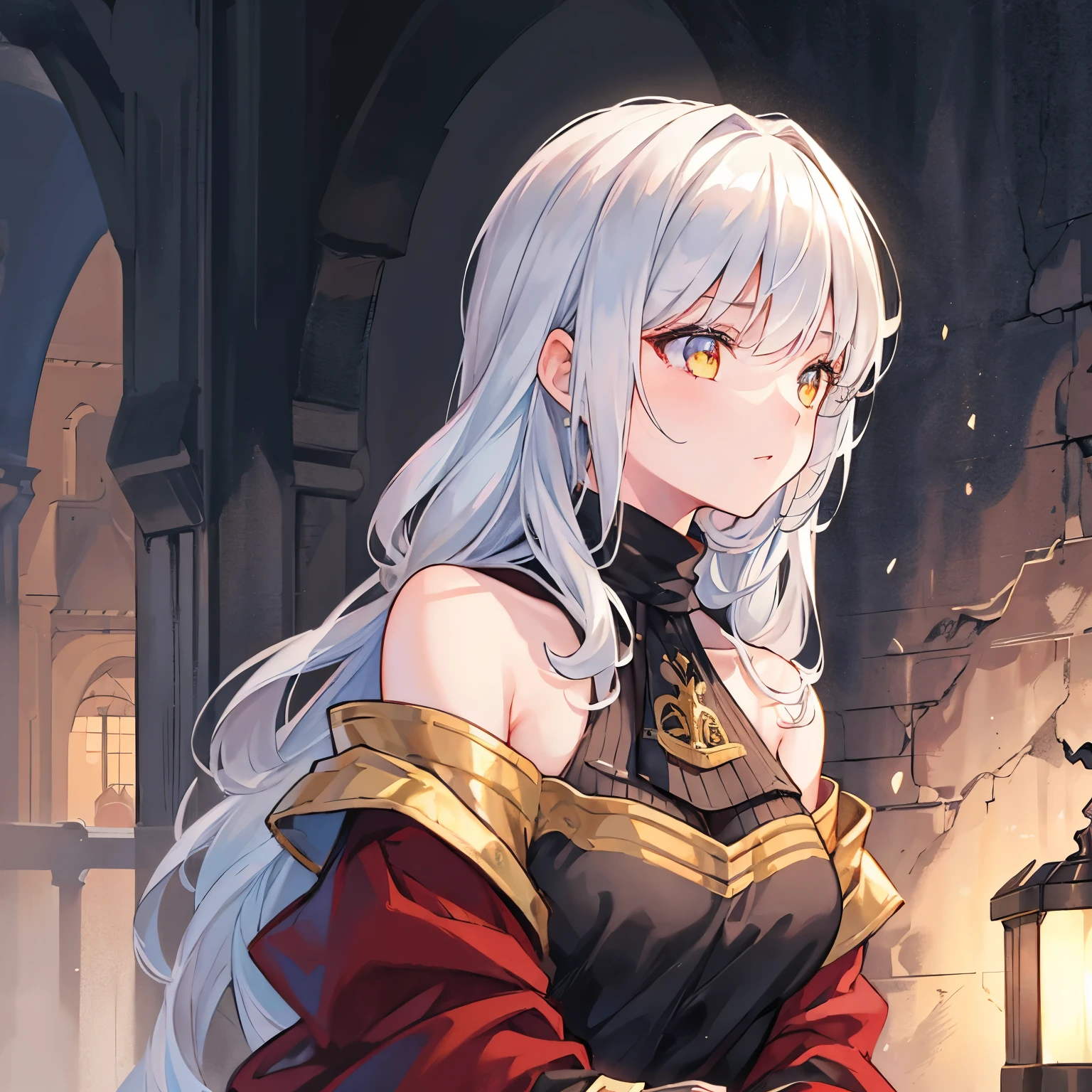 girl, silver hair, golden eyes, long dress, medieval,Middle Ages, off-the-shoulder, military uniform, neck scarf, illustrations, high-res, ultra-detailed, realistic, vivid colors, portraits, warm color tones, soft lighting