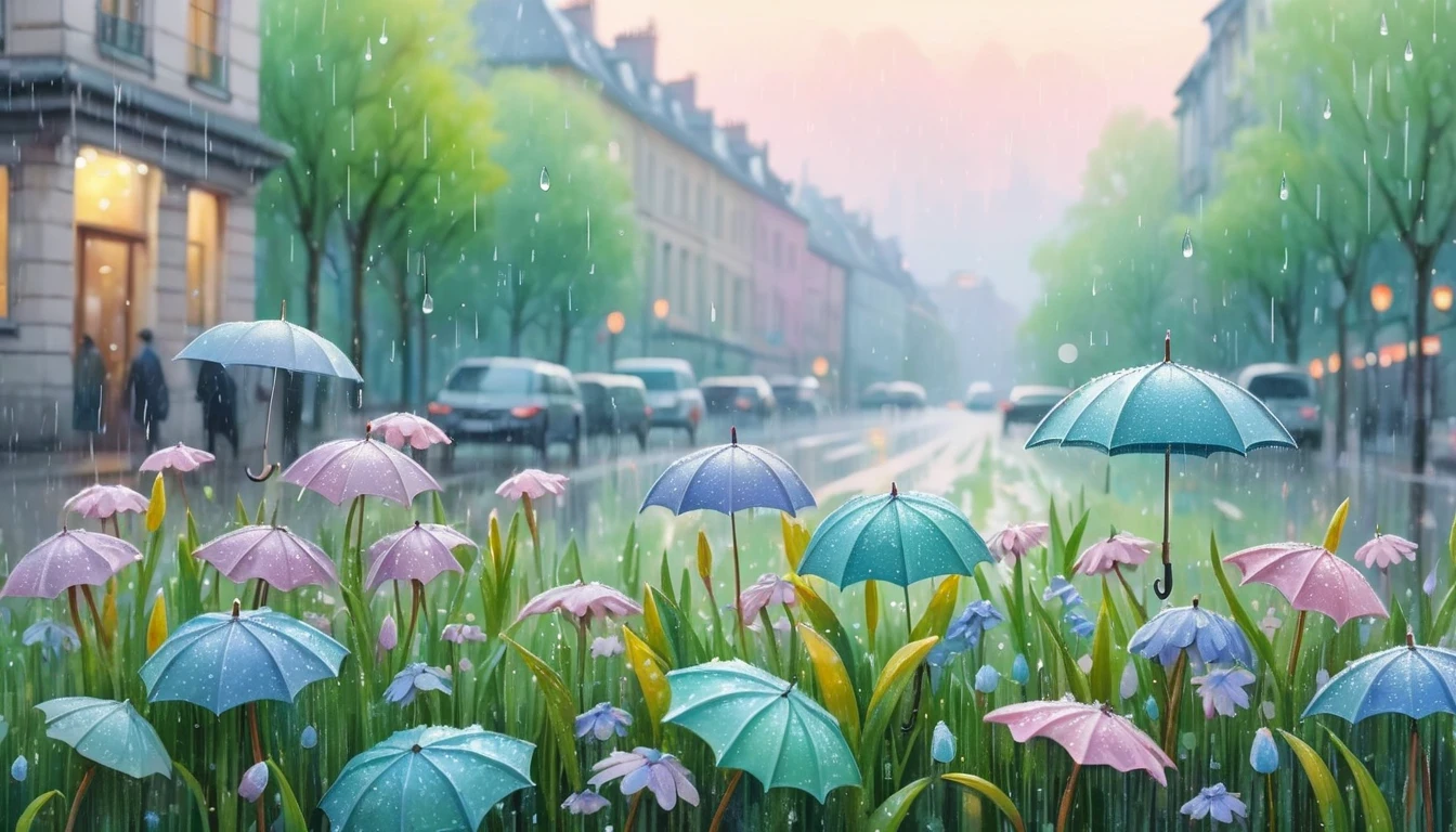 (Absurdres:1.2), exquisitely detailed aesthetic rainy Spring morning, pastel tetradic colors, glimmer, bokeh, Watercolor, trending on artstation, sharp focus, studio photo, intricate details, highly detailed, illustration, perfect composition
