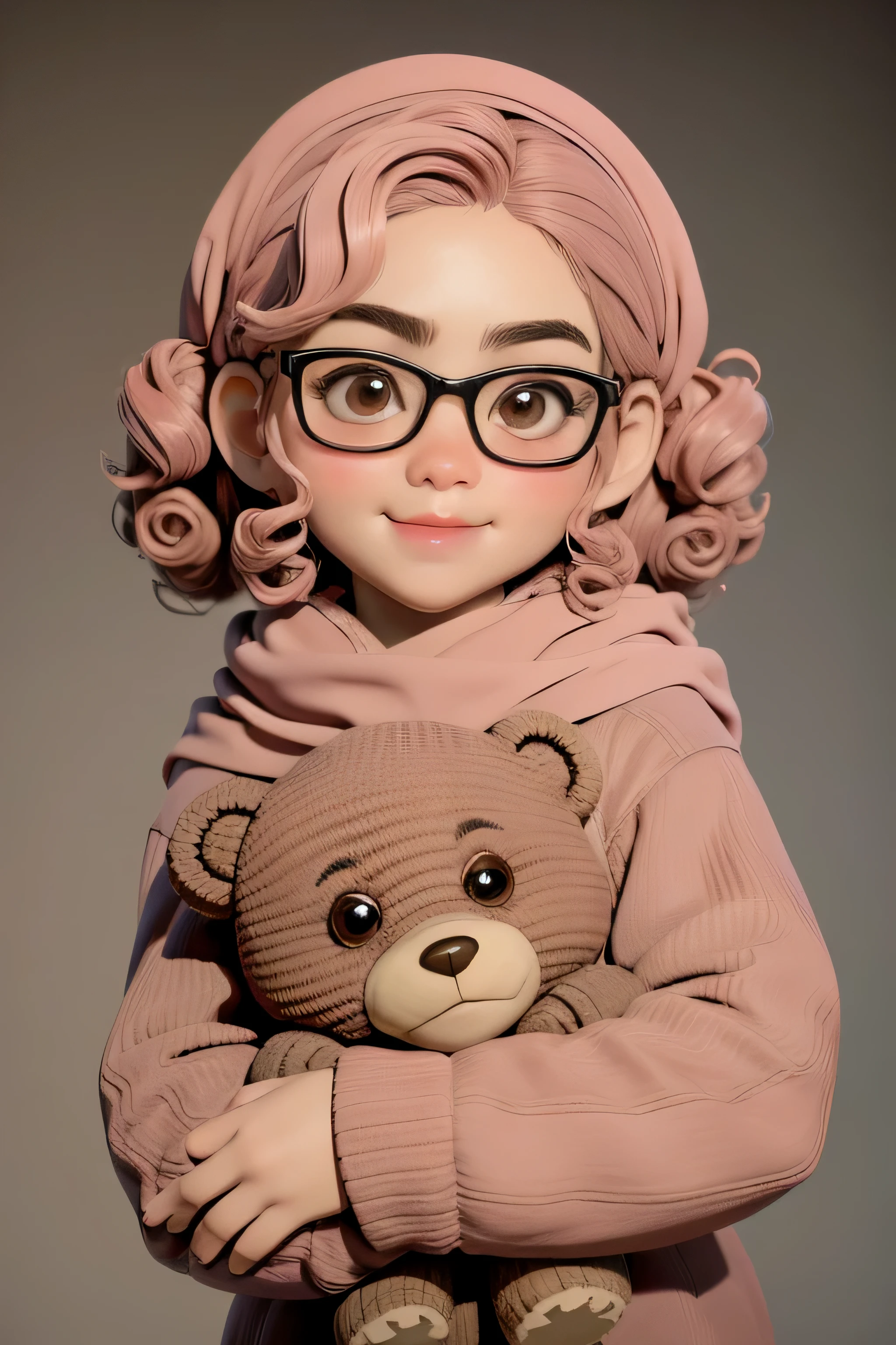 masterpiece, best quality, 3d rending work, 3DMM style, close-up, portrait, 3d, 1girl, solo, looking forward, wearing prescription glasses, sweet expression, happy, holding an amigurumi teddy bear, black skin, medium size type 3C hair, pink pastel colors, realistic, upper body, simple background, looking away, separated lips, curly hair