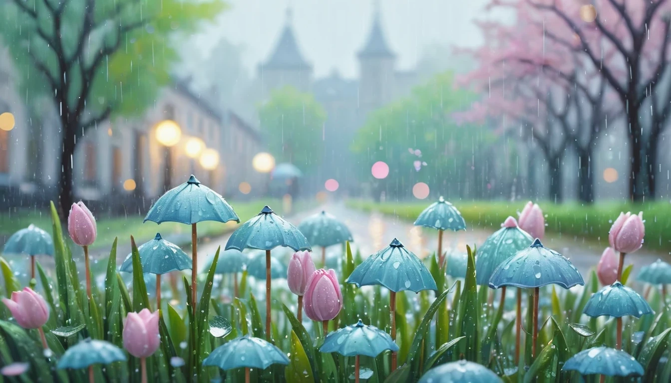 (Absurdres:1.2), exquisitely detailed aesthetic rainy Spring morning, pastel tetradic colors, glimmer, bokeh, Watercolor, trending on artstation, sharp focus, studio photo, intricate details, highly detailed, illustration, perfect composition
