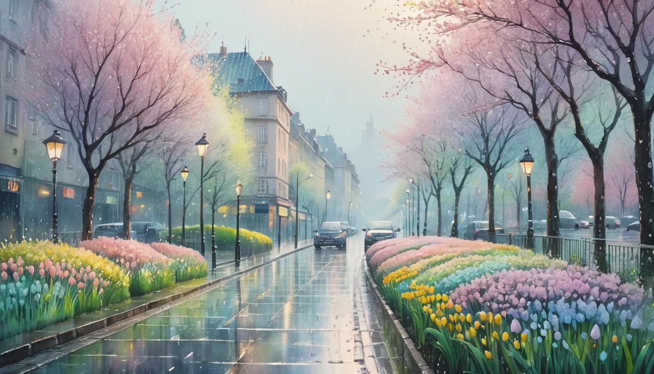 (Absurdres:1.2), exquisitely detailed aesthetic rainy Spring morning, pastel tetradic colors, glimmer, bokeh, Watercolor, trending on artstation, sharp focus, studio photo, intricate details, highly detailed, illustration, perfect composition
