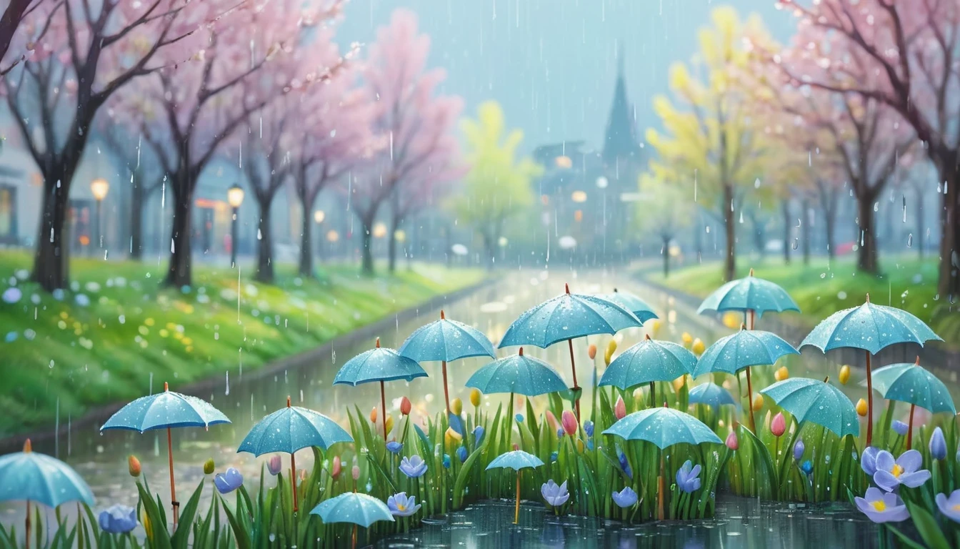 (Absurdres:1.2), exquisitely detailed aesthetic rainy Spring morning, pastel tetradic colors, glimmer, bokeh, Watercolor, trending on artstation, sharp focus, studio photo, intricate details, highly detailed, illustration, perfect composition