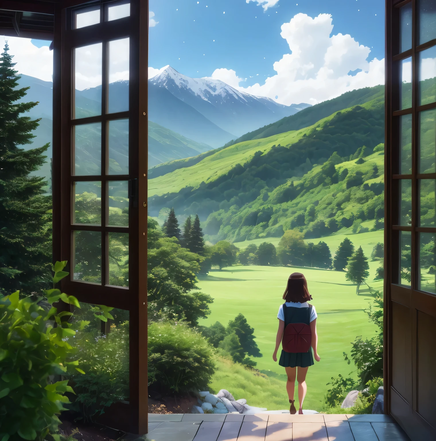 In a green meadow stands a girl.
BREAK
With a brave expression, she guides them towards their destination.
BREAK
Behind her, a green forest stretches out and beyond that, mountains rise in the distance.
BREAK
Night, Moonlight, stars,