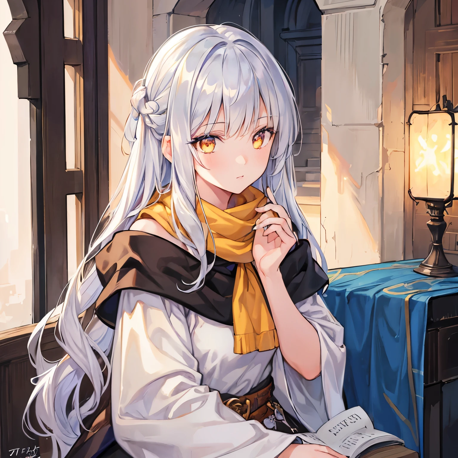 girl, silver hair, golden eyes, long dress, medieval,Middle Ages, off-the-shoulder, military uniform, neck scarf, illustrations, high-res, ultra-detailed, realistic, vivid colors, portraits, warm color tones, soft lighting