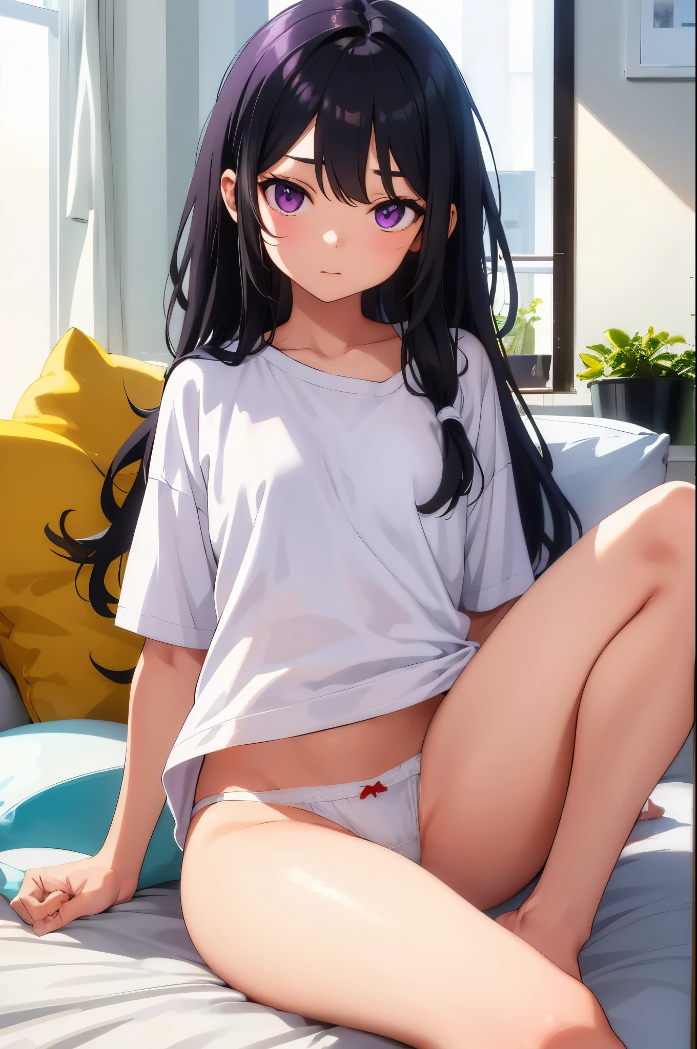 living elementary school girl 8-year-old flat chest black hair long hair eyes are purple ((1 person)) Baggy white T-shirt on the upper body lower body white panties((White panties are visible)) barefoot sitting on the sofa I can see white panties dynamic angle Low angle from the front