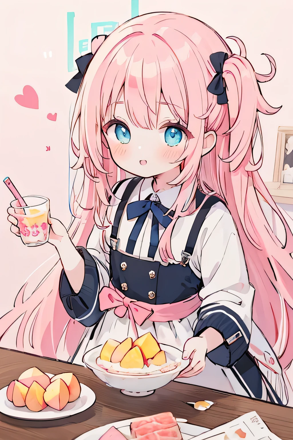 absurd, High resolution, (anime style:1.1), ((table top)), ((highest quality)), (Super detailed), (beautiful)、(lift),cute、holding a peach in your hand、Peach on the background,pink hair color、Holding up a peach