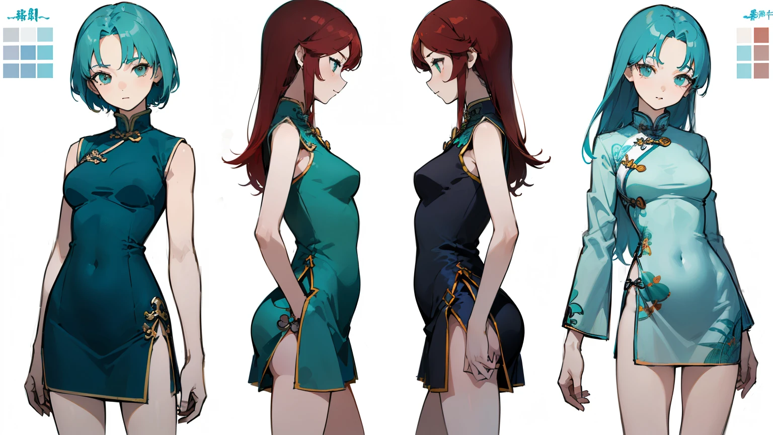 ((Best Quality)), ((Masterpiece)), ((Realistic)) 19 year old, redhead girl, shoulder length hair, relaxed happy face ((slender)) (busty), ((( cheongsam turquoise one piece swimsuit ))) ((sexy )) corkscrew hairstyle (((detailed character sheet, frontal view, side view, three quarter view))) (((white background))) 6 and a half heads full body