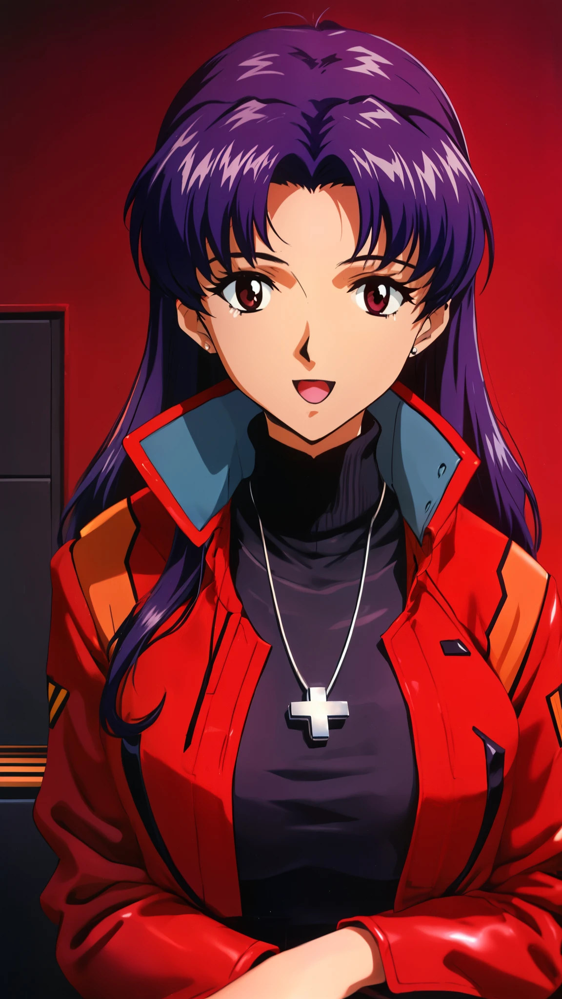 master piece, best quality, 8k, ultra high resolution, highest quality, anime style, best writing, beautiful face, masterpiece, highest quality,very_be familiar with_cg_unity_8K_wallpaper,very be familiar with_eye,,Evangelion: 3.0 can \(do not have\) Redo,1 girl, alone,  Katsuragi Castle_Misato, brown eye,indigo hair,big_chest, cross_necklace ,red jacket, Black leather skirt, mature woman,I&#39;m old,Upper body, Operation control room, base