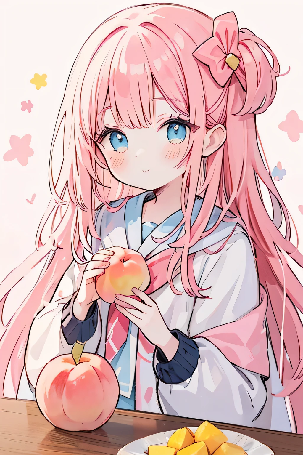 absurd, High resolution, (anime style:1.1), ((table top)), ((highest quality)), (Super detailed), (beautiful)、(lift),cute、holding a peach in your hand、Peach on the background,pink hair color