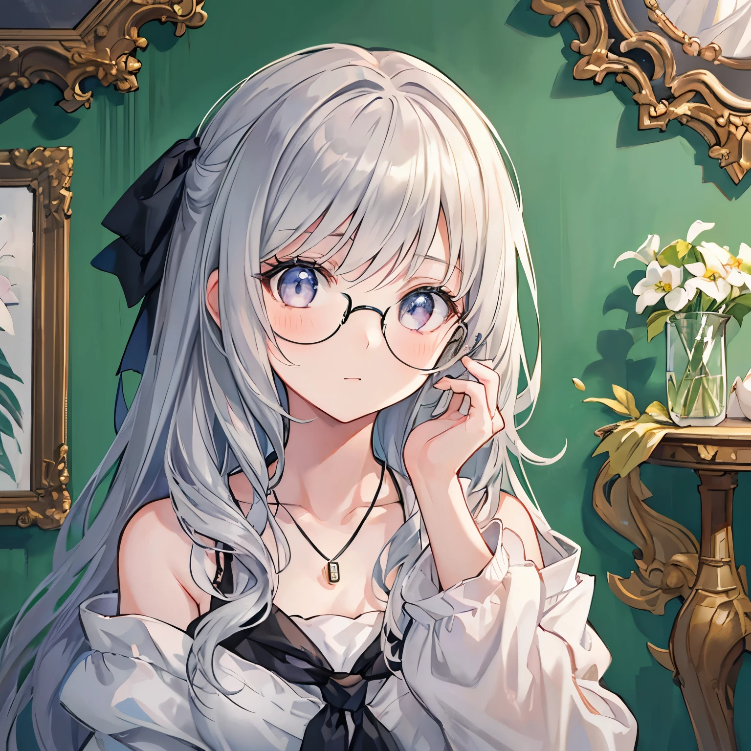 Curly long hair with glasses、Has loose braids、A cute girl in her 20s with a baby face。Her chest is a B cup、She wears cute gothic clothes、The location is an outdoor cafe surrounded by greenery.。The expression is a smile、Draw a little larger、Beautiful breasts、Baby Face、skirt、Silver Hair、Grey Hair、Slim body、Watery eyes、Looking this way, he is happy.、maid