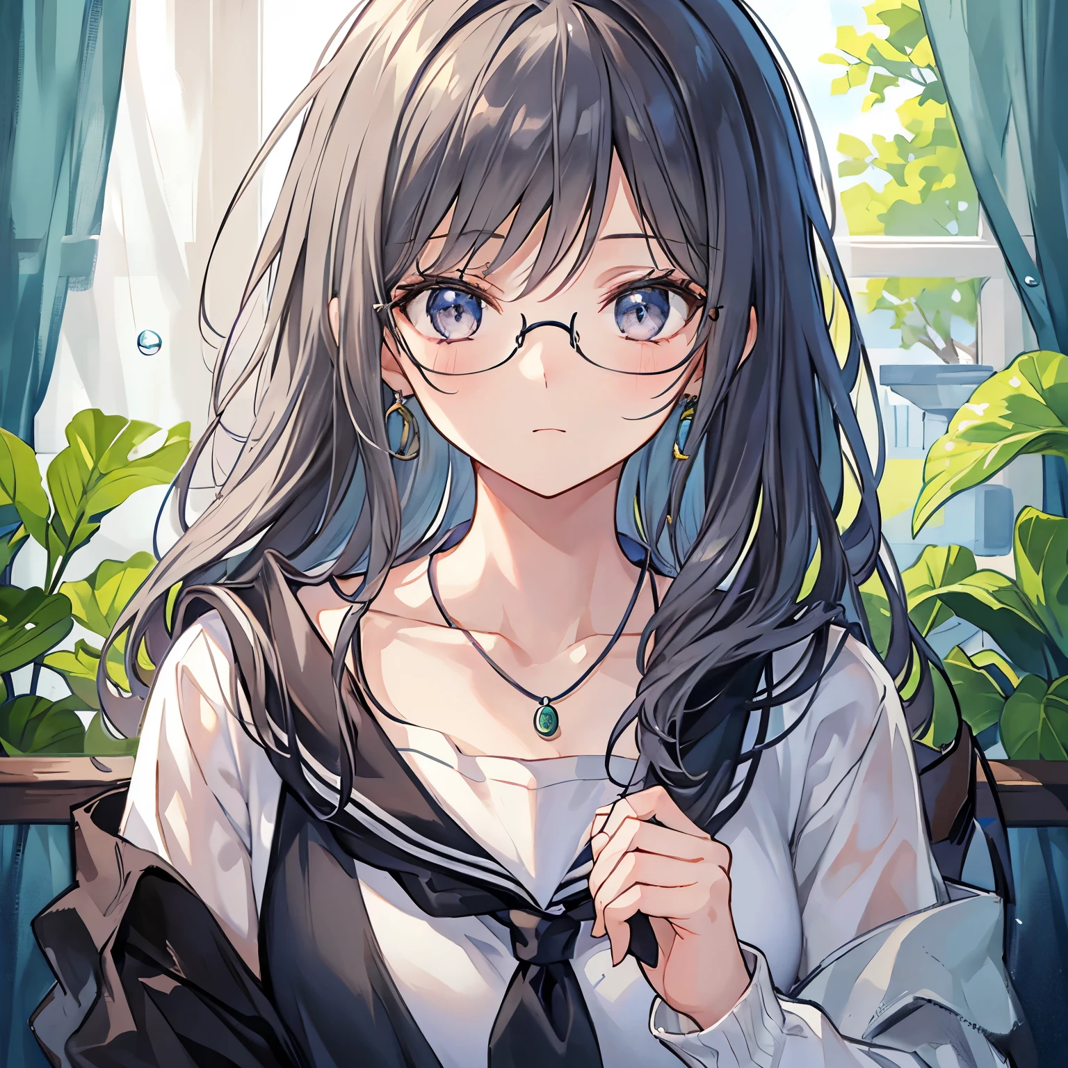 A girl with gray hair and silver eyes is depicted in the painting. Her hair is messy and falls over her shoulders. She is wearing an off-the-shoulder sweatshirt. The medium used for the artwork is ideal for creating ultra-detailed and realistic portraits. The image is of the best quality, with a resolution of 4k or higher, making it a masterpiece. The painting has a soft color palette, with warm lighting that adds to the aged appearance. The overall color scheme is dominated by shades of gray. The girl's eyes are vibrant and captivating. She has freckles on her face and long flowing strands of hair. She wears a neckerchief, adding to her wise expression. The atmosphere of the painting is mysterious,She wears a necklace with a green rectangular stone, with a storytelling aura,wet hair dripping with water drops, glass glasses . The artwork is rich in details, resembling a detailed painting.