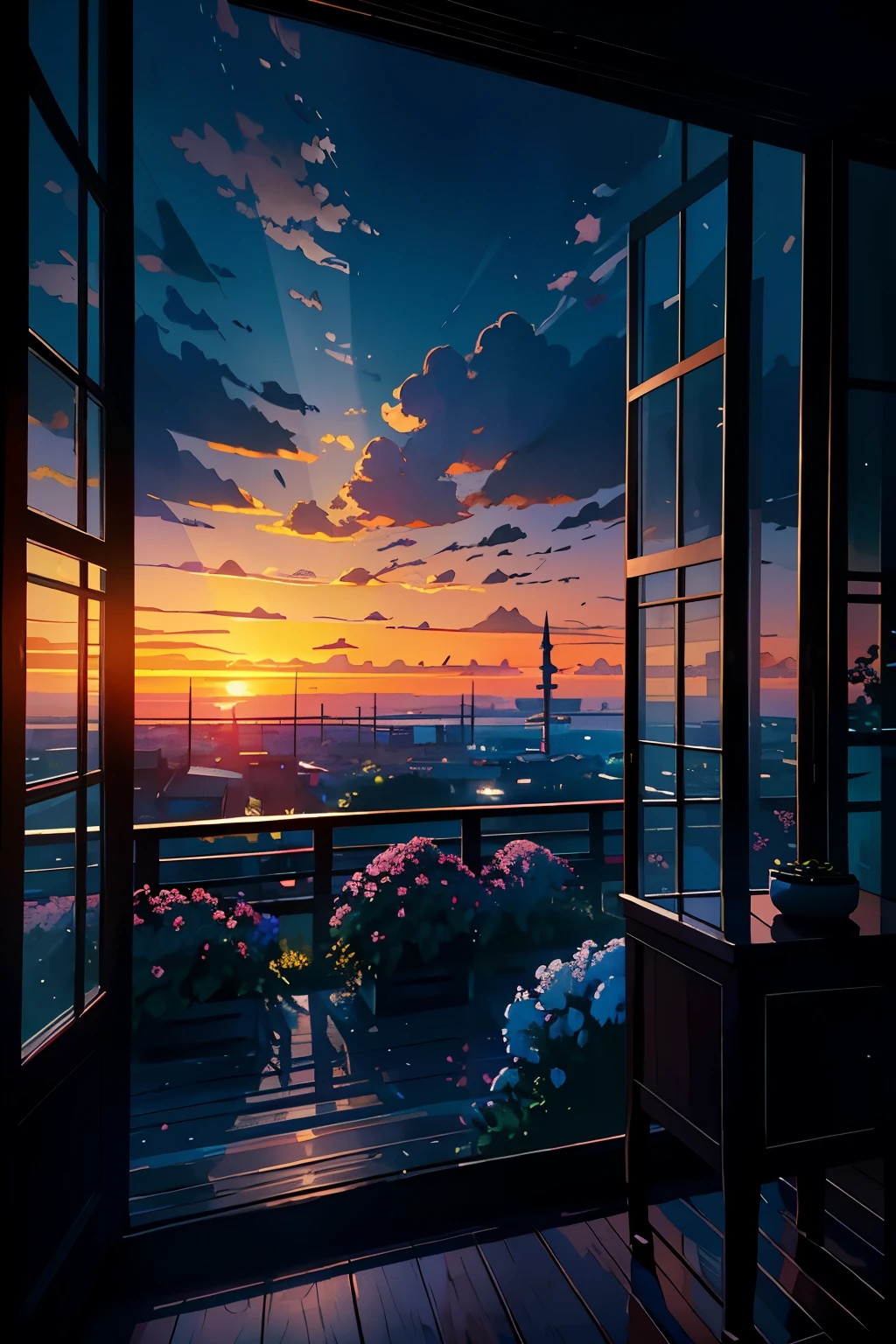 NSFW, "Masterpiece", "Best Quality", photographrealistic, (Shiny wooden frame), (nffsw, 8K Wallpaper, High resolution), Perfectly Detailed Architecture, Cinematic lighting, Physically-based rendering, Award-winning, highly detailed aesthetic, Extraordinary sunset sky, ethereal vibes, Hand-painted with acrylic palette knife, Influenced by Turkish architectural style, (Turkish blue), (Old wooden window frame), (Variant colorful flowers), Majestic view from the front, Meticulously crafted modern house, (Mystical atmosphere), (Majestic sunset sky), Inspiration from Makoto Shinkai's art style, Exquisite detail in every corner, Captivating "Ilustrasion" style, "