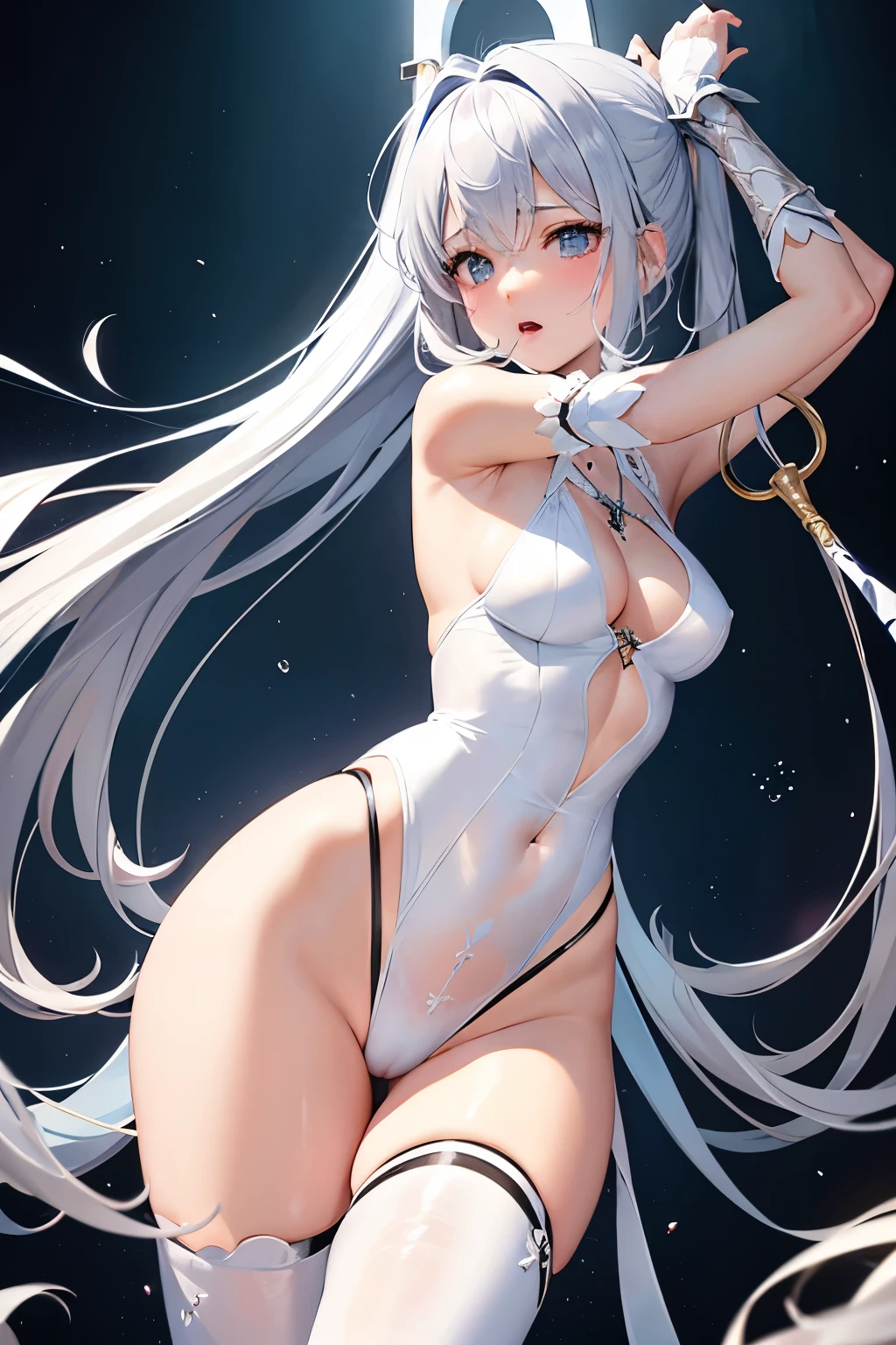 ((high quality、masterpiece、detailed、normal body、5This finger、Precise、delicate))、Magical girl((silver hair、Colored leotard armor with white as the base color、super uper high leg、Super racy、sling leotard、transparent leotard、iron collar、torn leotard、torn leotard、Estrus、Erogenous zone sensitivity 100 times、nipple erection、clitoral erection、orgasm、Eyes are hearts))、Defeated heroine、The leotard is torn and there is a hole.、Stretch your arms from side to side、defeated and crucified、crucified on the cross、Crucifixion in chains、open your mouth、shortness of breath、white breath、A sweet sigh、slave collar、leash collar、Slave Fall、fall of pleasure、belly exposed、Dirty crest on the abdomen、My body is flushed with pleasure