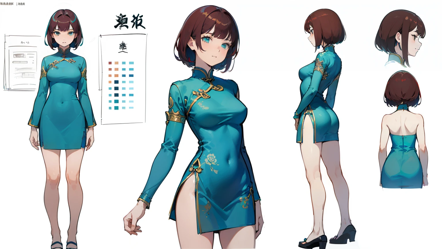((highest quality)), ((masterpiece)), ((realistic)) 19 years old, redhead girl, shoulder length hair, relaxed and happy face ((thin)) (Big breasts), ((( Chinese dress turquoise blue short dress))) (((mini skirt))) ((sexy dress)) Odango hairstyle (((detailed character sheet, Front view, Side view, 3/4 view))) (((white background))) 6 and a half whole bodies