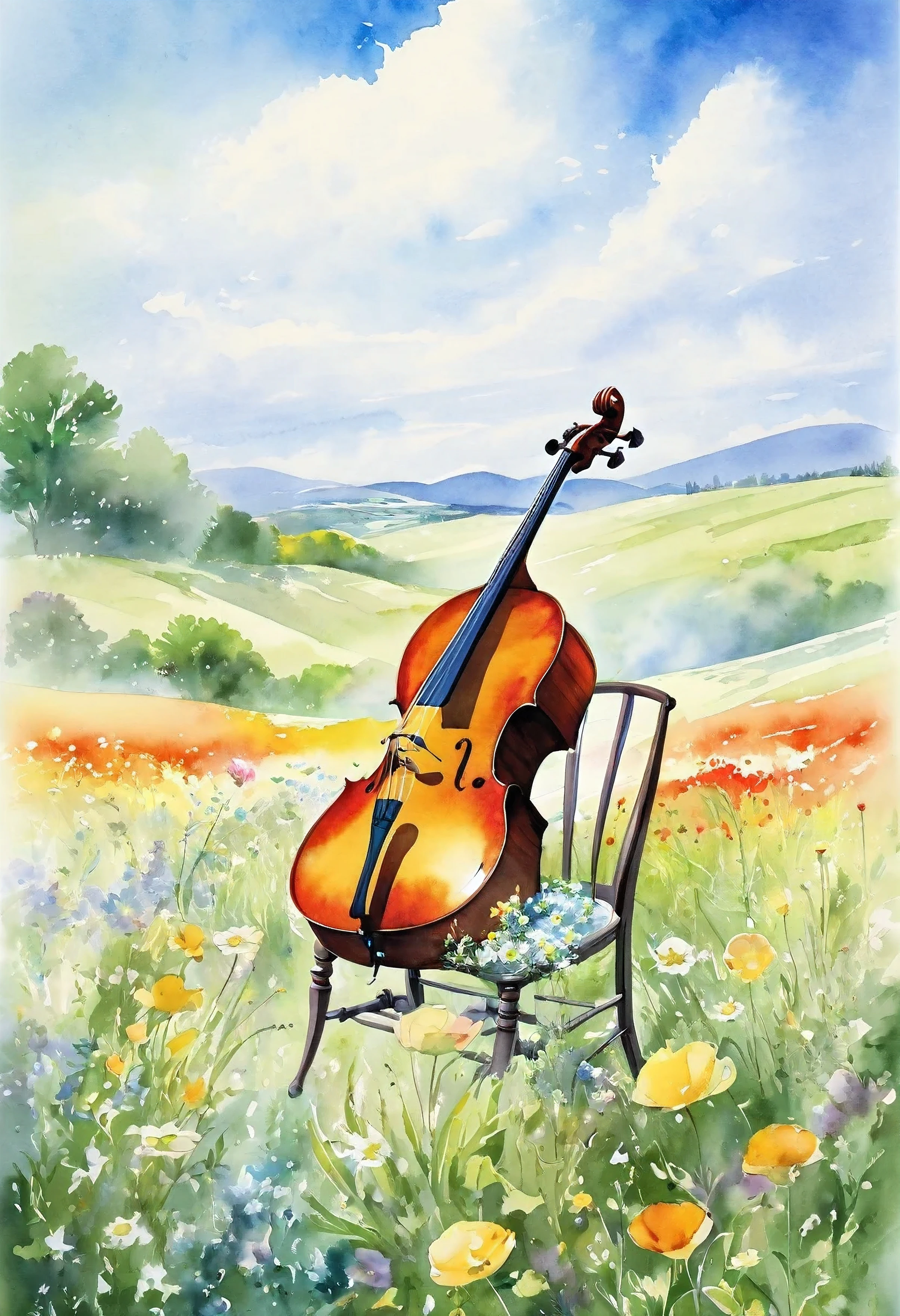 masterpiece、A flower-filled meadow, blue sky,cello,Please create a watercolor-style depiction of a cello from a side angle, excluding any depiction of a chair, with ample whitespace surrounding the entire cello to ensure a more complete composition.