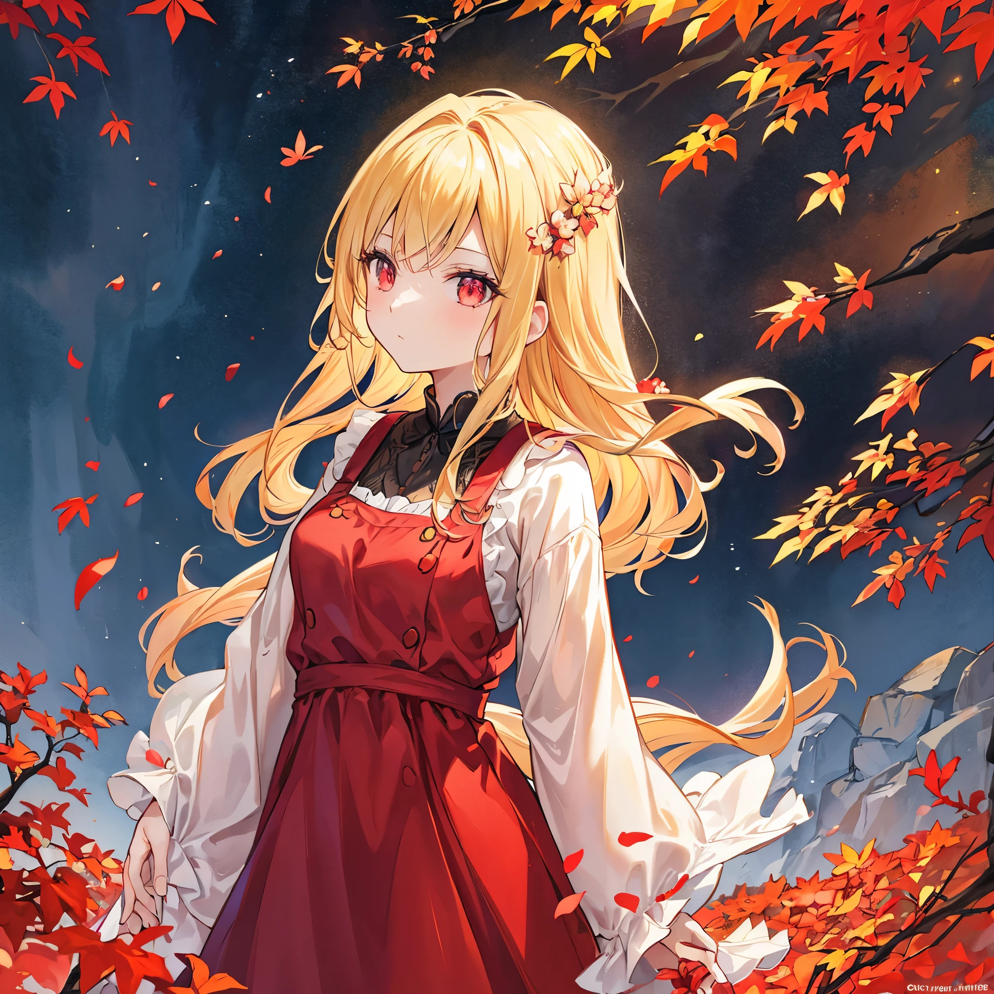 A blonde woman with red eyes, standing outdoors on a shoulder, wearing a long dress. The woman is the central focus of the image, with her beautiful detailed eyes captivating the viewer. Her long blonde hair gently sways in the autumn breeze. The vibrant red color of her eyes adds an intriguing element to her gaze. The woman is standing amidst a picturesque landscape, surrounded by a carpet of colorful autumn leaves. The leaves create a warm and inviting atmosphere, adding to the overall beauty of the scene. The woman's dress flows gracefully around her, adding a touch of elegance to her appearance. The dress is beautifully detailed, with intricate patterns and fine craftsmanship. The vibrant colors of the leaves and the woman's dress contrast with the subdued tones of the background, creating a visually stunning composition. The image is of the highest quality, with ultra-detailed elements and a photorealistic rendering. The lighting is soft and natural, accentuating the woman's features and creating a warm and inviting ambiance. The overall color palette is rich and vivid, with warm autumn tones dominating the scene. The image evokes a sense of tranquility and beauty, inviting the viewer to immerse themselves in the serene atmosphere. One can almost feel the crispness of the autumn air and hear the gentle rustle of the leaves.