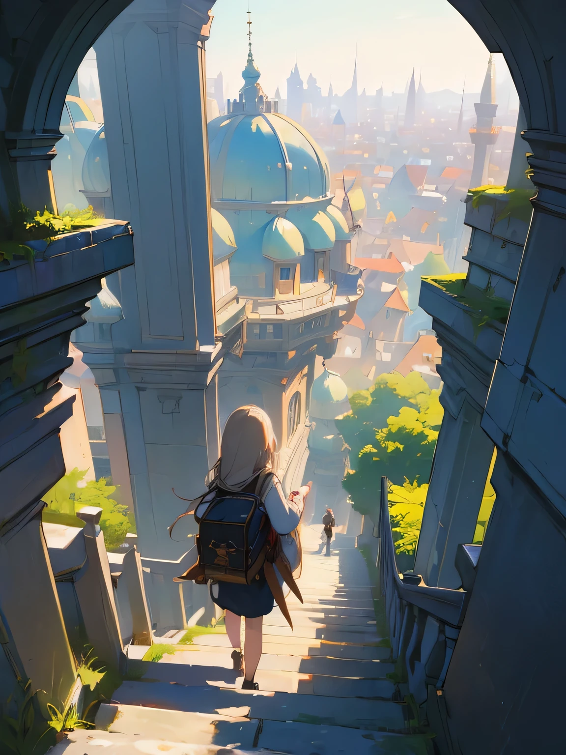 (masterpiece:1.4), (best quality:1.2), 1girl、high angle, No sleeve、FANTASY world.A traveler is walking in the city,from up,