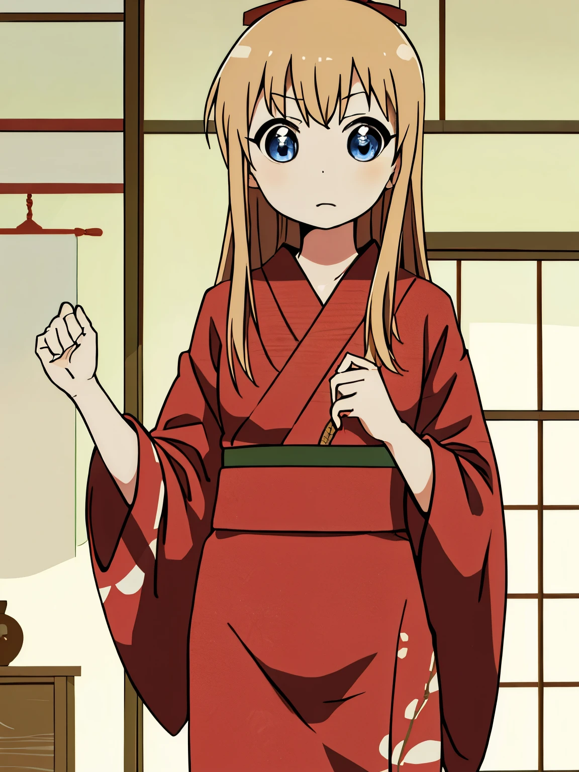 very detailed,indoor,Japanese style room,detailed background,Toshino Kyouko, blue eyes, blonde hair, red ribbon,kimono