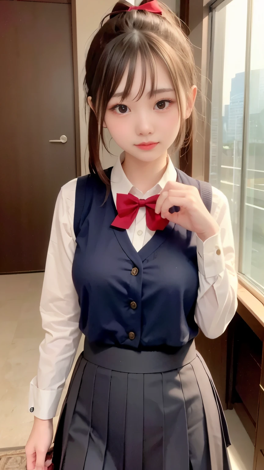 ponytail、Very beautiful 18 year old cute girl、Bright and beautiful skin、Sexy and very beautiful looking、very cute face、extremely beautiful、white shirt、pleated skirt、vest、red bow tie、red lips