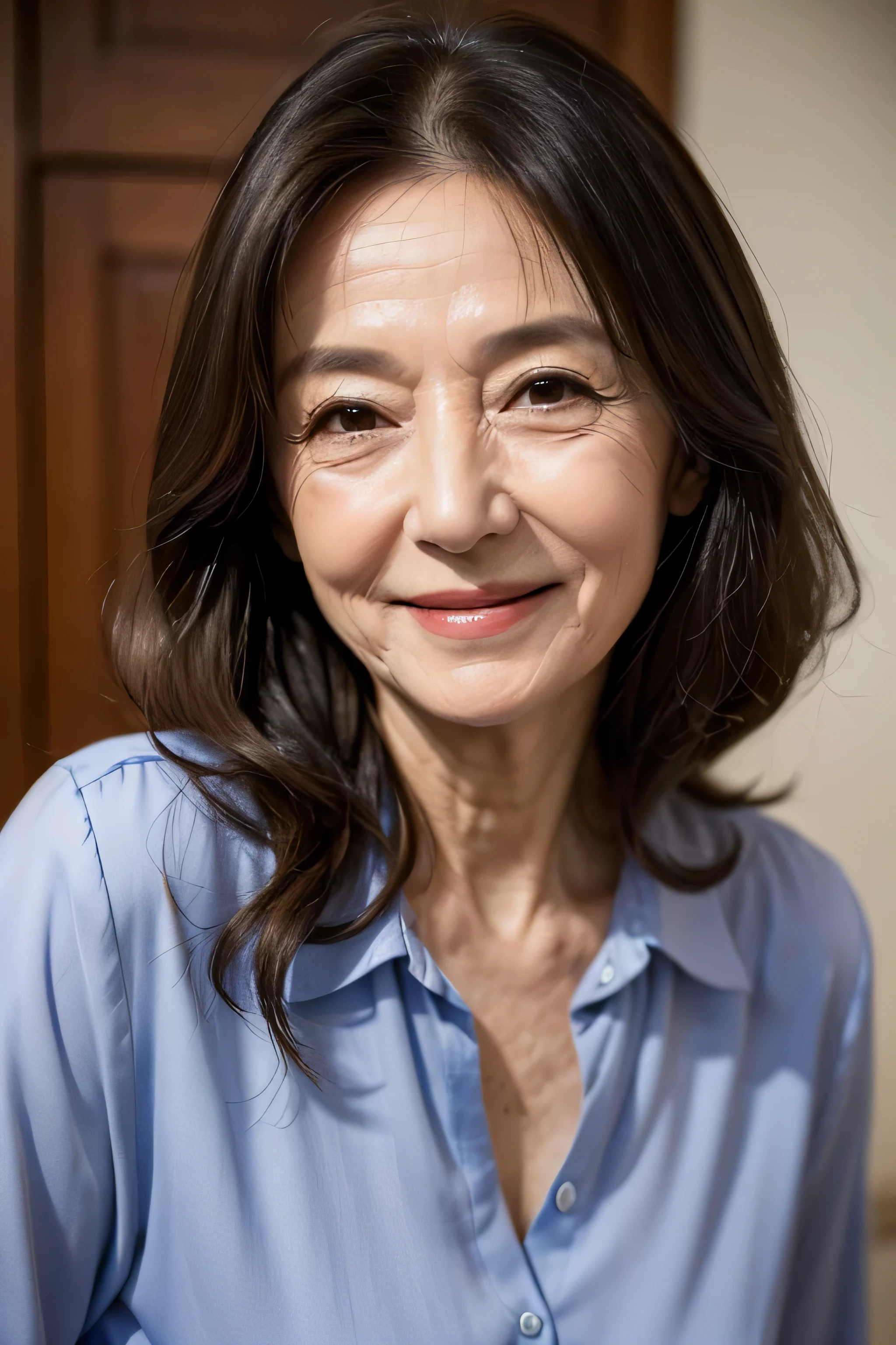 (masterpiece:1.4),(69-year-old woman:1.5),(facial wrinkles 1.2),gentle smile,Long Wavy Hair, motherly mature woman