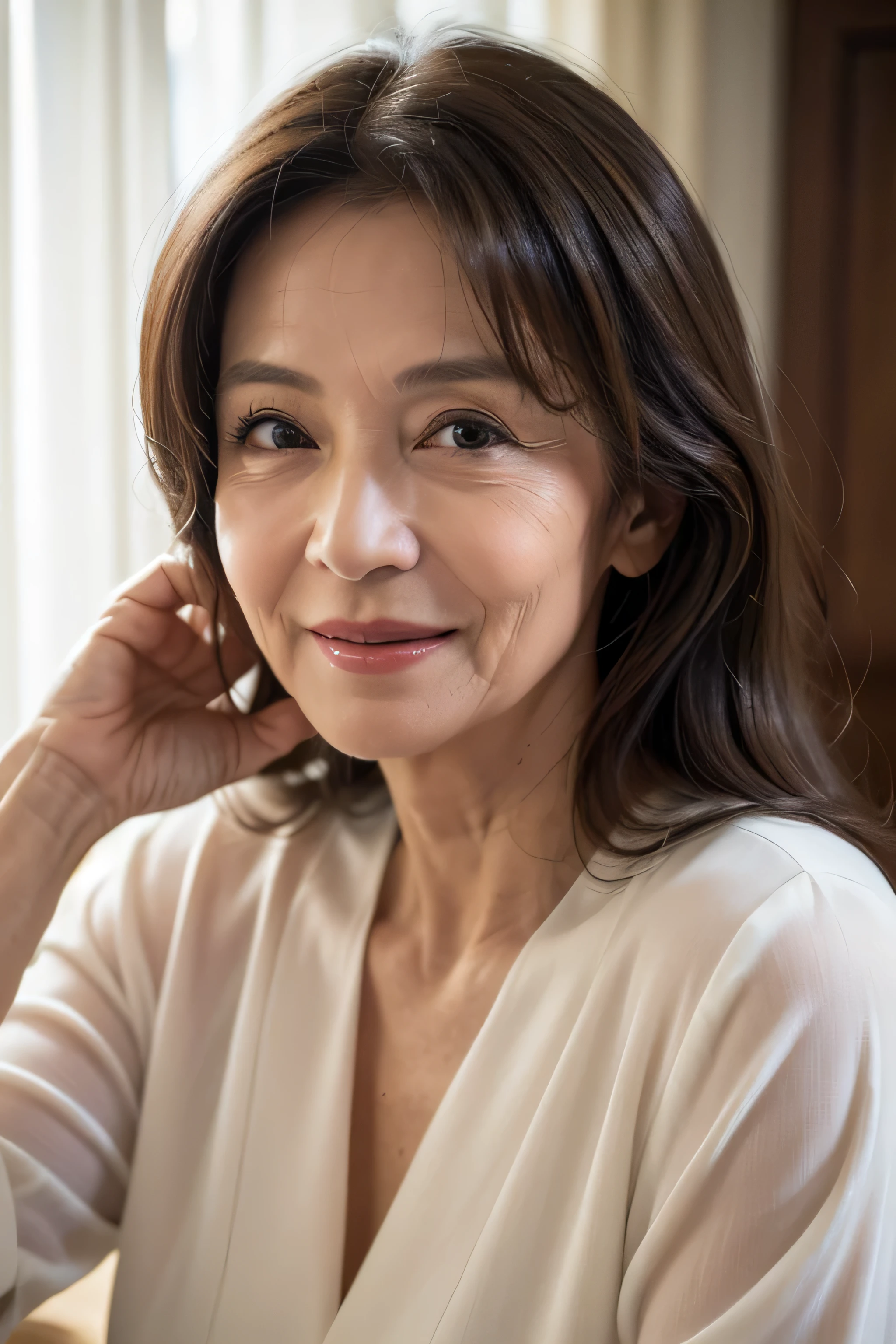 (Masterpiece:1.4),(67-year-old woman:1.4),(Wrinkles on the face1.2),smile,long wave hair,