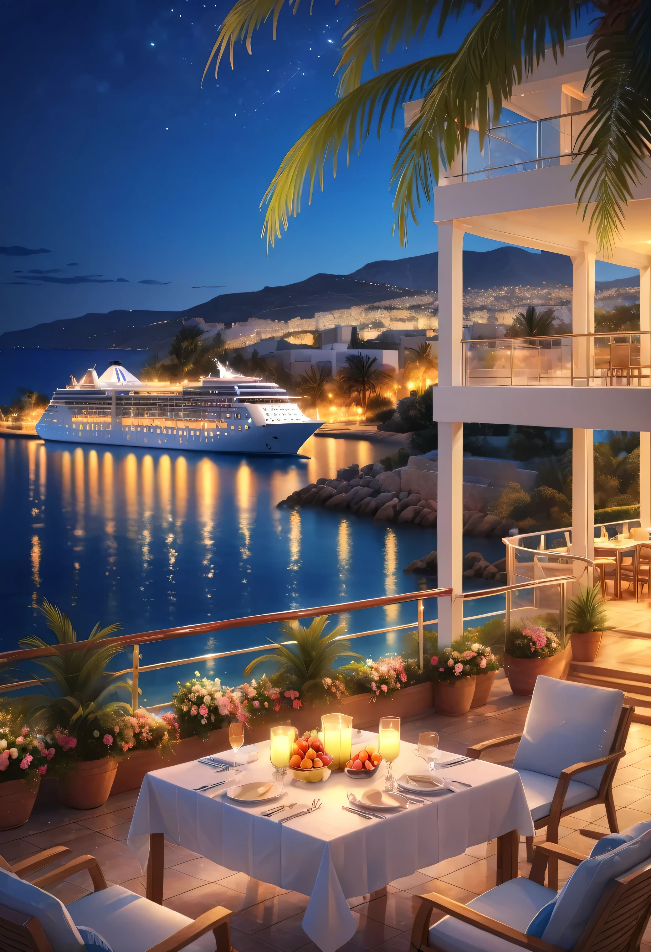 Cruise ship arrives at Greek port.A comfortable and relaxing resort...Gorgeous and elegant condominium hotel.A modern and beautiful city with distant views is a famous holiday destination.Beautiful beach with ocean views.outdoor swimming pool.Cold glass with cold carbonated drink and delicate fruit on the table, The lights are bright at night, sea view in the distance, Palm trees and coconut grove in the distance, romantic and beautiful environment, optimistic matt, beautiful digital artwork, cozy cafe, beautiful and detailed scene, relaxation concept art, 8K high quality detailed art, 4K high-definition digital art, highly detailed scene(night view.warm light)(highest quality,4k,8K,High resolution,masterpiece:1.2),Super detailed,(actual,photoactual,photo-actual:1.37),background bokeh,
