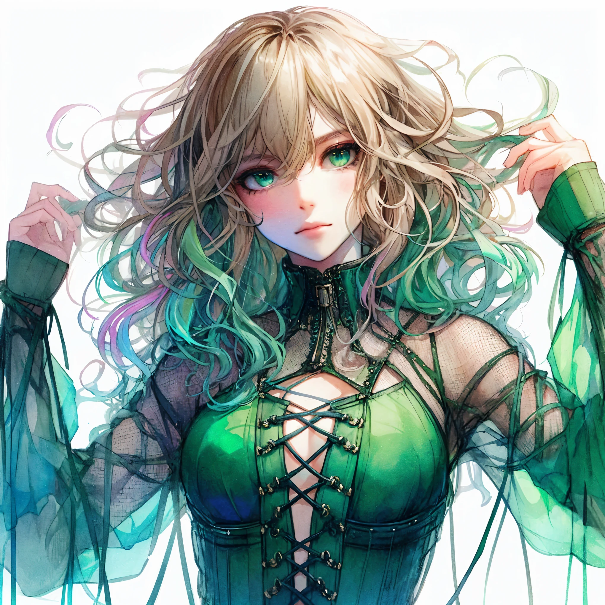 to8 contrast style, masterpiece, highest quality, ultra high resolution, Fluorescent color,
1 girl, looking at the viewer, beautiful face, beautiful eyes, green eyes, black long hair, dull bangs (bare shoulders: 1.2), raise your head, Upper body, Shiny hair with bioluminescent strands, shiny skin, Shining cut, hands not shown: 1.5, Dresses made of Aurora Borealis, particle, goddess of the universe, detailed drawn beautiful green eyes, (detailed beautiful large breast:1.3)