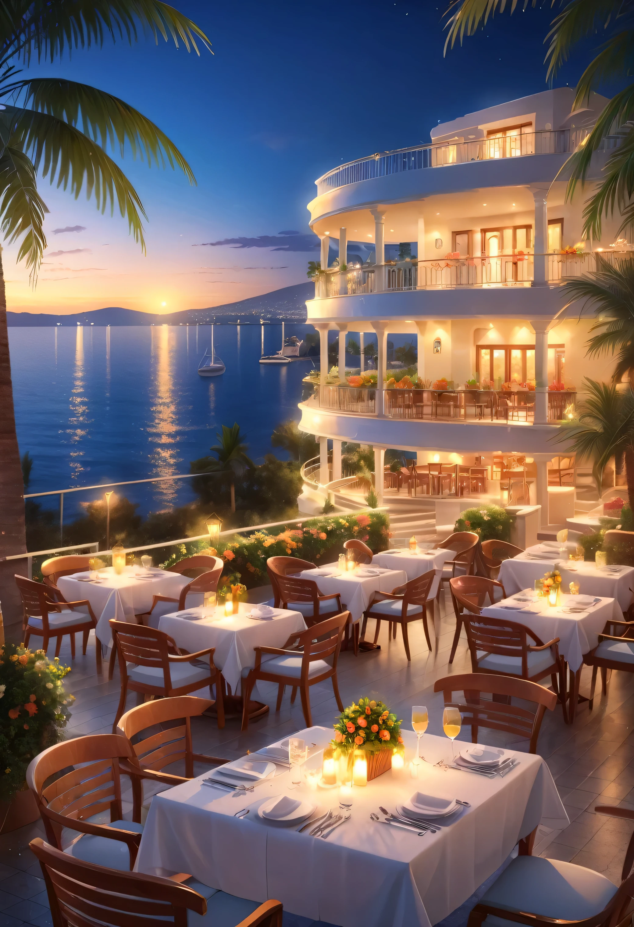 Cruise ship arrives at Greek port.A comfortable and relaxing resort...Gorgeous and elegant condominium hotel.A modern and beautiful city with distant views is a famous holiday destination.Beautiful beach with ocean views.outdoor swimming pool.Cold glass with cold carbonated drink and delicate fruit on the table, The lights are bright at night, sea view in the distance, Palm trees and coconut grove in the distance, romantic and beautiful environment, optimistic matt, beautiful digital artwork, cozy cafe, beautiful and detailed scene, relaxation concept art, 8K high quality detailed art, 4K high-definition digital art, highly detailed scene(night view.warm light)(highest quality,4k,8K,High resolution,masterpiece:1.2),Super detailed,(actual,photoactual,photo-actual:1.37),background bokeh,