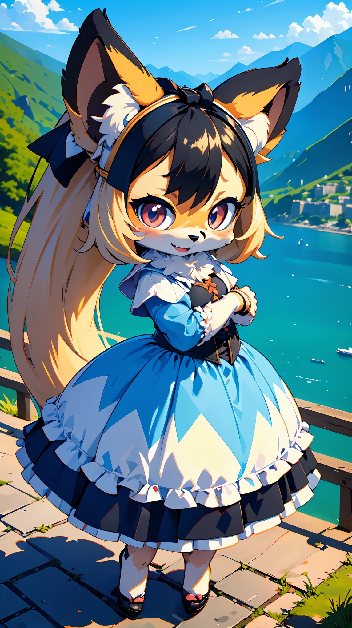 (furry ear:1.3),((chibi:2.5)),(White dress with frills:1.5),((very large bust size:1.5)),(fluffy tail:1.5),(Skirt unfolds:1.5),(pop art:1.8),(Chubby:1.5),((looking at the camera:1.5)),(furry foot:1.5),(Sparkling deep blue big eyes:1.7),(Round eyebrows:1.5),(Fisheye lens:1.5),(open your mouth and laugh:1.5),((on a hill overlooking the lake:1.5)),(wolf tail),((long hair:1.7)),(white long dress:1.5),steampunk,furry,(a large black ribbon on the head,:1.5),(luxury medieval fantasy costume:1.5),(highest quality,4k,8K,High resolution,masterpiece:1.2), Super detailed, (realistic,realistic,realistic:1.37), HDR, UHD, studio lightning, ultra-fine goodinting, sharp focus, Physically based rendering, extrine detail description, Professional, Bright colors, Bokeh, (in) you bring, landscape, photograph, concept artist (Style), (with) vibrant color goodlette, (good) soft lighting. jewelry