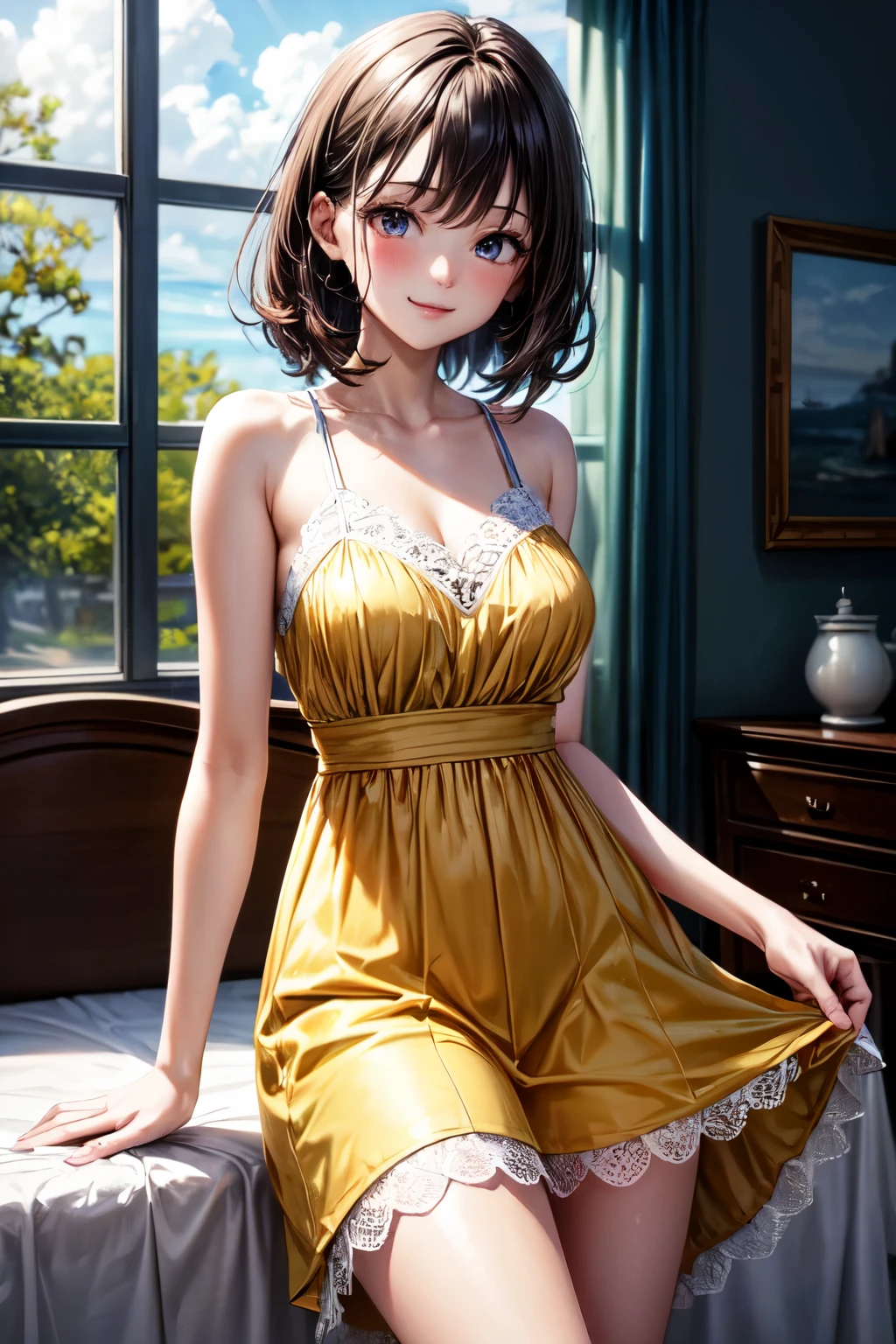very cute and beautiful girl sitting near window,(floral yellow summer dress with detailed frills),sleeveless,detailed lace,(spread legs,white panties),
(highly detailed beautiful face and eyes:1.2),antique hotel bedroom with outside view,distant trees and ocean,gorgeous furnitures,
cowboy shot,smile,blush,medium hair,black hair,dynamic angle,(best quality,masterpiece:1.2),(intricate details),ultra-detailed,cinematic scene,
extremely detailed,highres,solo,natural lighting,light particles,beautiful detailed sky,(realistic),