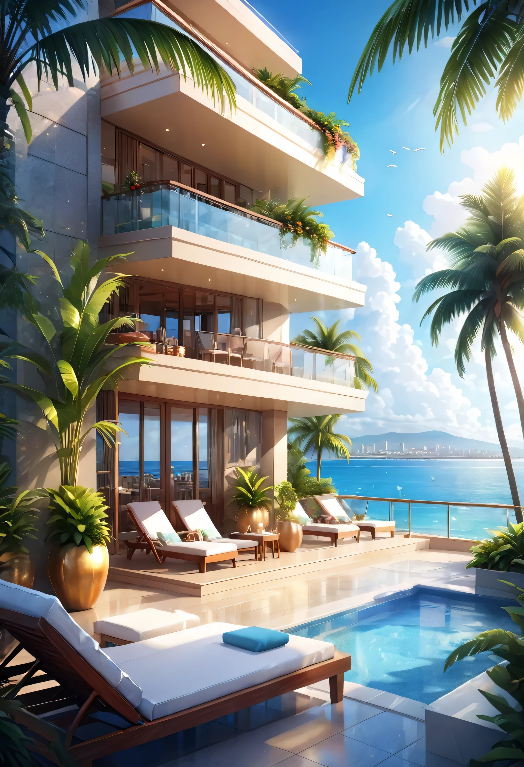 A comfortable and relaxing resort...Gorgeous and elegant condominium hotel.A modern and beautiful city with distant views is a famous holiday destination.Beautiful beach with ocean views.outdoor swimming pool.Chilled glasses with cold cocktails and delicate fruits on a table, sea view in the distance, Palm trees and coconut grove in the distance, nice environment, optimistic matt, beautiful digital artwork, cozy cafe, beautiful and detailed scene, relaxation concept art, 8K high quality detailed art, 4K high-definition digital art, highly detailed scene(highest quality,4k,8K,High resolution,masterpiece:1.2),Super detailed,(actual,photoactual,photo-actual:1.37),background bokeh,