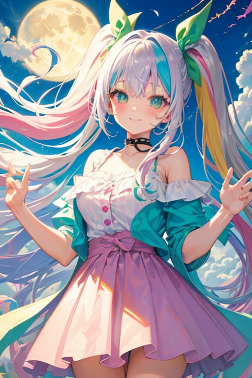 (rainbow colored hair, colorful hair, half silver、half pink hair: 1.2), ,long hair、(Cinematic digital artwork: 1.3), high quality, table top, Turquoise eyes、最high qualityの, Super detailed, figure, [4K digital art]!!、 Kyoto animation style, one woman, clavicleの美しさ, clavicle, light, want, blue sky, positive, Dead leaves dance、full moon、purple striped clothes、Green polka dot unset, motivation, shine, dynamic perspective、Blue glasses、Green ribbon、twin tails、embarrassed face、cute face、happy face