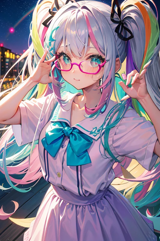 (rainbow colored hair, colorful hair, half silver、half pink hair: 1.2), ,long hair、(Cinematic digital artwork: 1.3), high quality, table top, Turquoise eyes、最high qualityの, Super detailed, figure, [4K digital art]!!、 Kyoto animation style, one woman, clavicleの美しさ, clavicle, light, want, blue sky, positive, Dead leaves dance、full moon、purple striped clothes、Green polka dot unset, motivation, shine, dynamic perspective、Blue glasses、Green ribbon、twin tails、embarrassed face、cute face、happy face