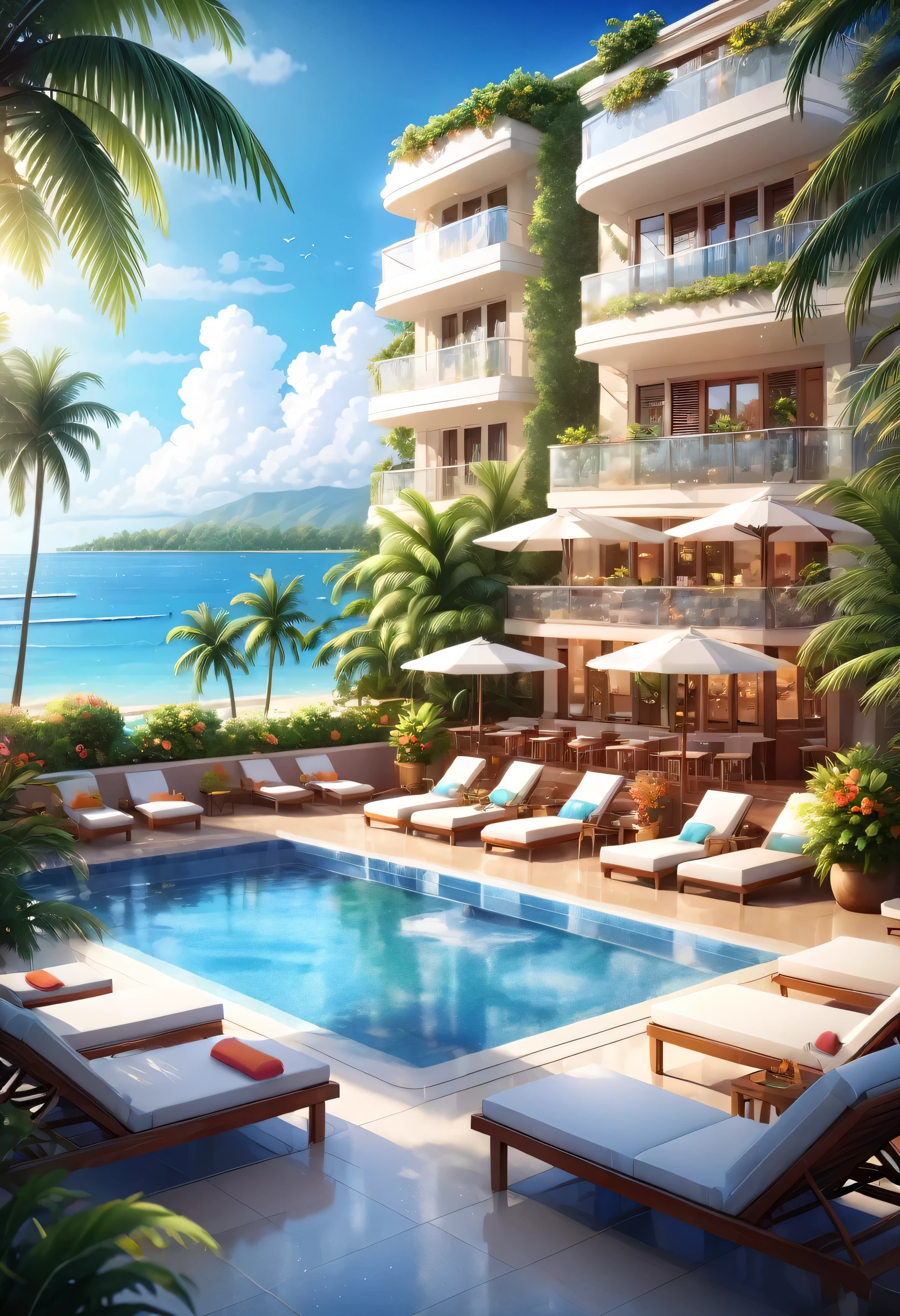 A comfortable and relaxing resort...Gorgeous and elegant condominium hotel.A modern and beautiful city with distant views is a famous holiday destination.Beautiful beach with ocean views.outdoor swimming pool.Chilled glasses with cold cocktails and delicate fruits on a table, sea view in the distance, Palm trees and coconut grove in the distance, nice environment, optimistic matt, beautiful digital artwork, cozy cafe, beautiful and detailed scene, relaxation concept art, 8K high quality detailed art, 4K high-definition digital art, highly detailed scene(highest quality,4k,8K,High resolution,masterpiece:1.2),Super detailed,(actual,photoactual,photo-actual:1.37),background bokeh,