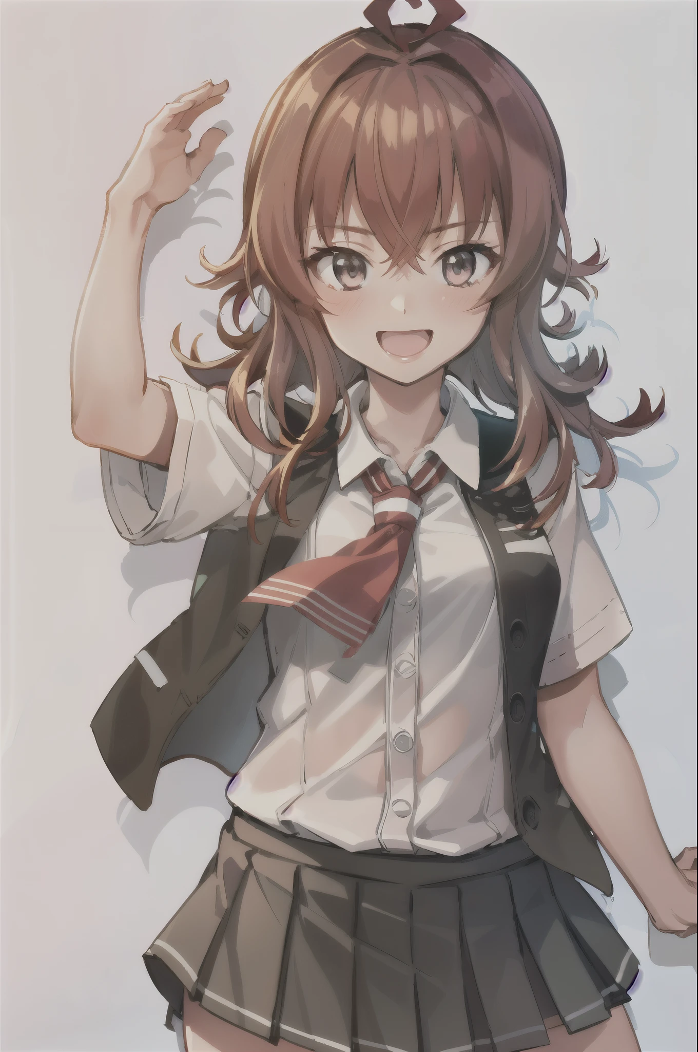 1 girl, alone, whole body, pleated skirt top quality, masterpiece, High resolution, alone, (arashi_Fleet Collection), length_hair, red_hair, One_~ side_superior, Ahoge, Brown_eye, red面, ribbon, red_ribbon, vest, head_ribbon, light smile, chest, black_vest, blouse, e in altern_costume, collarbOne, Jacket, purple_eye, short sleeve shirt, classroom background, :d, Open_Clothes, superiorから:1.2