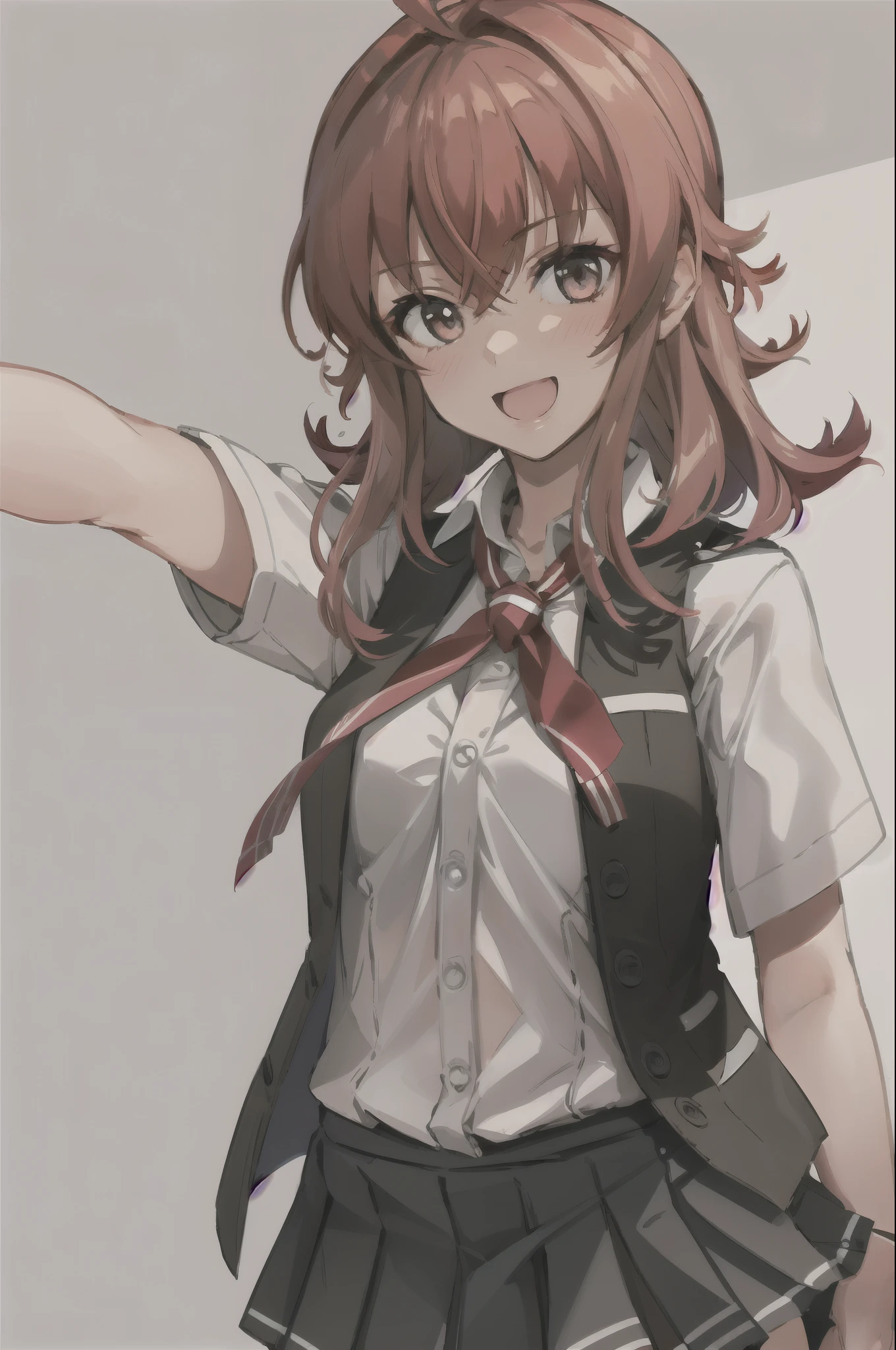 1 girl, alone, whole body, pleated skirt top quality, masterpiece, High resolution, alone, (arashi_Fleet Collection), length_hair, red_hair, One_~ side_superior, Ahoge, Brown_eye, red面, ribbon, red_ribbon, vest, head_ribbon, light smile, chest, black_vest, blouse, e in altern_costume, collarbOne, Jacket, purple_eye, short sleeve shirt, classroom background, :d, Open_Clothes, superiorから:1.2