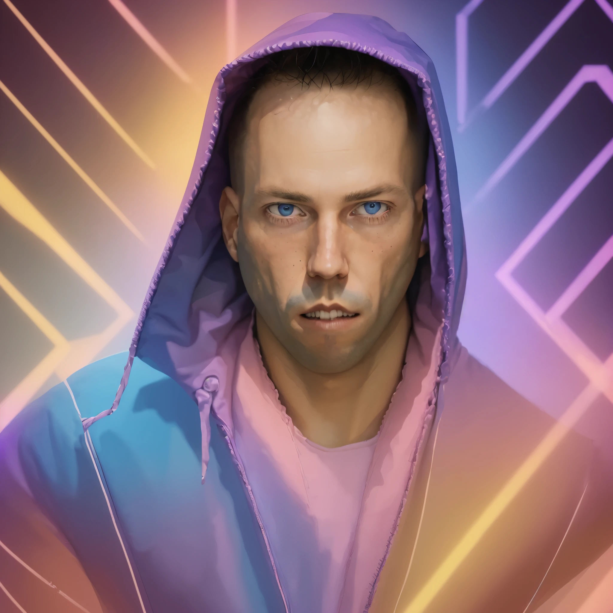 cooperjason (masterpiece,best quality,ultra detailed,8k, digital painting) 1man, solo, a guy merging into the background of psychedelic geometric patterns, pink, blue, purple, yellow, highly detailed, high key lighting, cartoon style, 2d flat design