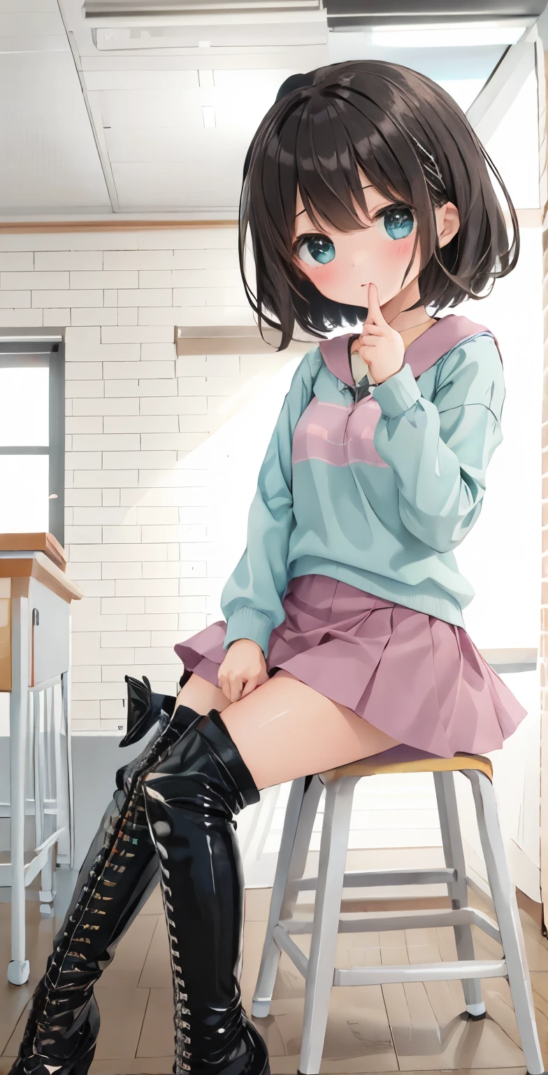 Girl with short dark hair，shy，blush，Turquoise sweatshirt，pink skirt，White knee socks，black boots，classroom scene，for the audience，stand