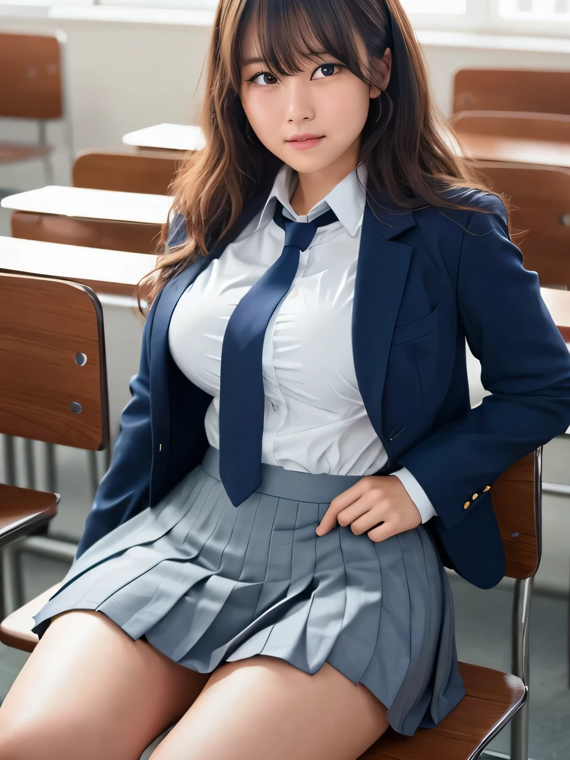 ((highest quality、8k、masterpiece:1.3))、Dramatic lighting、Beautiful woman、girl、Huge boobs:1.3、(Strong Abs、Slim figure:1.1)、classroom、On the desk、Well deep、Highly detailed fingers、Fingers５Book、Highly detailed face、detailed lip、Fine grain、double eyelid、Huge 、Big Breasts、Beautiful waist、Beautiful woman、とてもBig Breasts、super Big Breasts、Gal、Heavy makeup、ややBig Breasts、She has quite Big Breasts、blonde hair、blonde、Long Hair、Uniform appearance、high school girl uniform、mini skirt、Full body photo、sit cross-legged、Angle from below、I can see up to my ankles、Spread your legs、No pants、The female genitalia are in full view、pubic hair