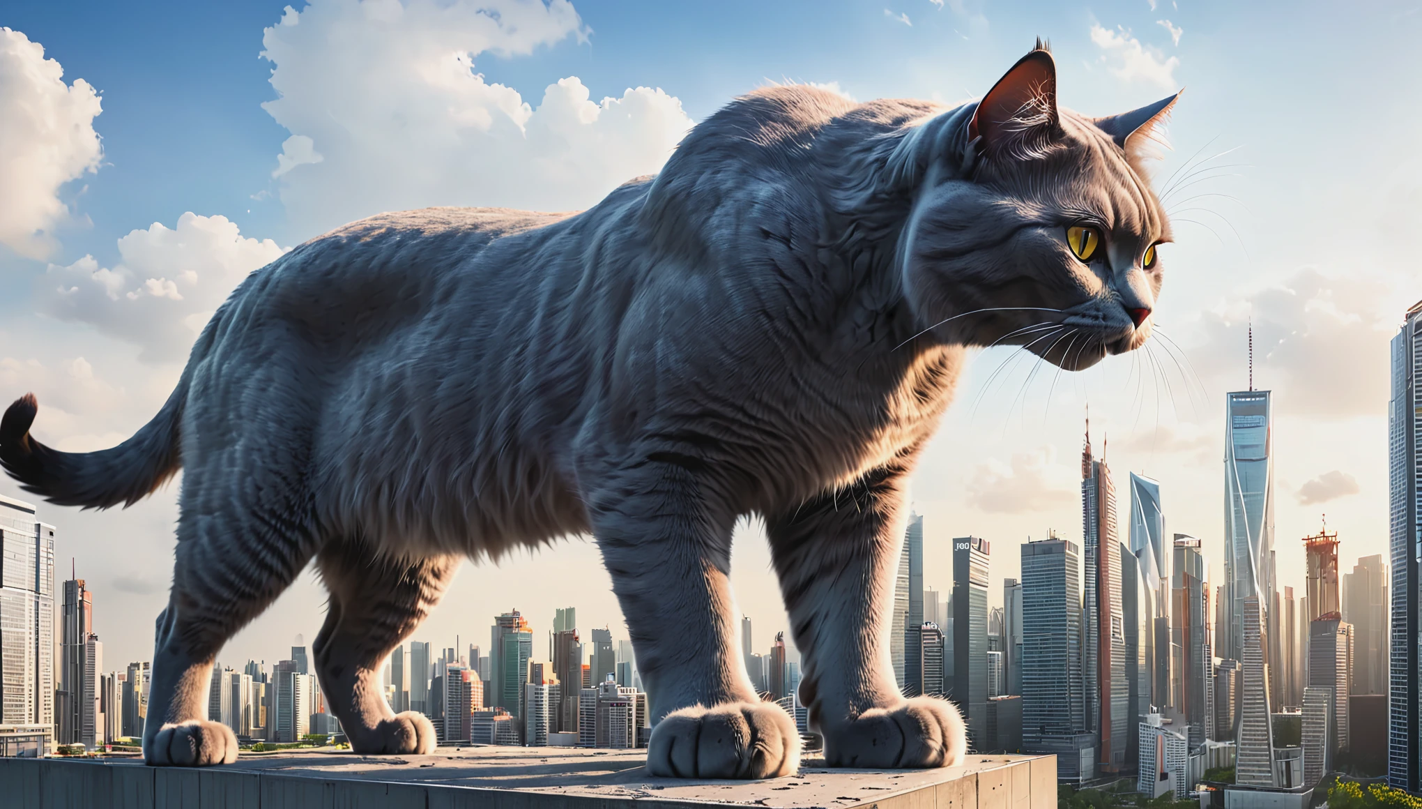 Gray giant cat wants to crush the city