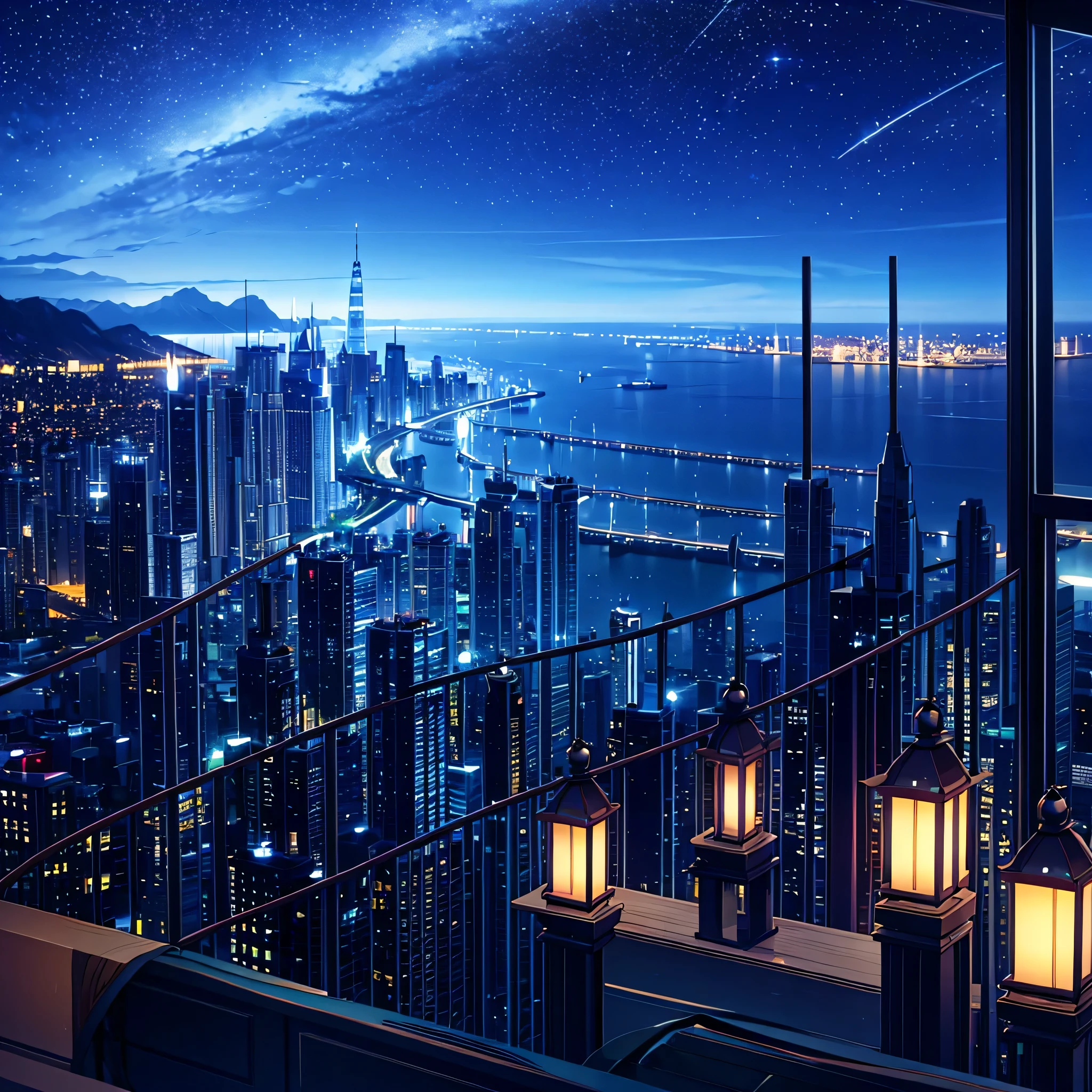 late night、midnight、illumination、city at night、skyscraper、Overlooking the night view、coastal、luxury liner、panorama、shooting star、4K quality、Super high quality、High quality image quality