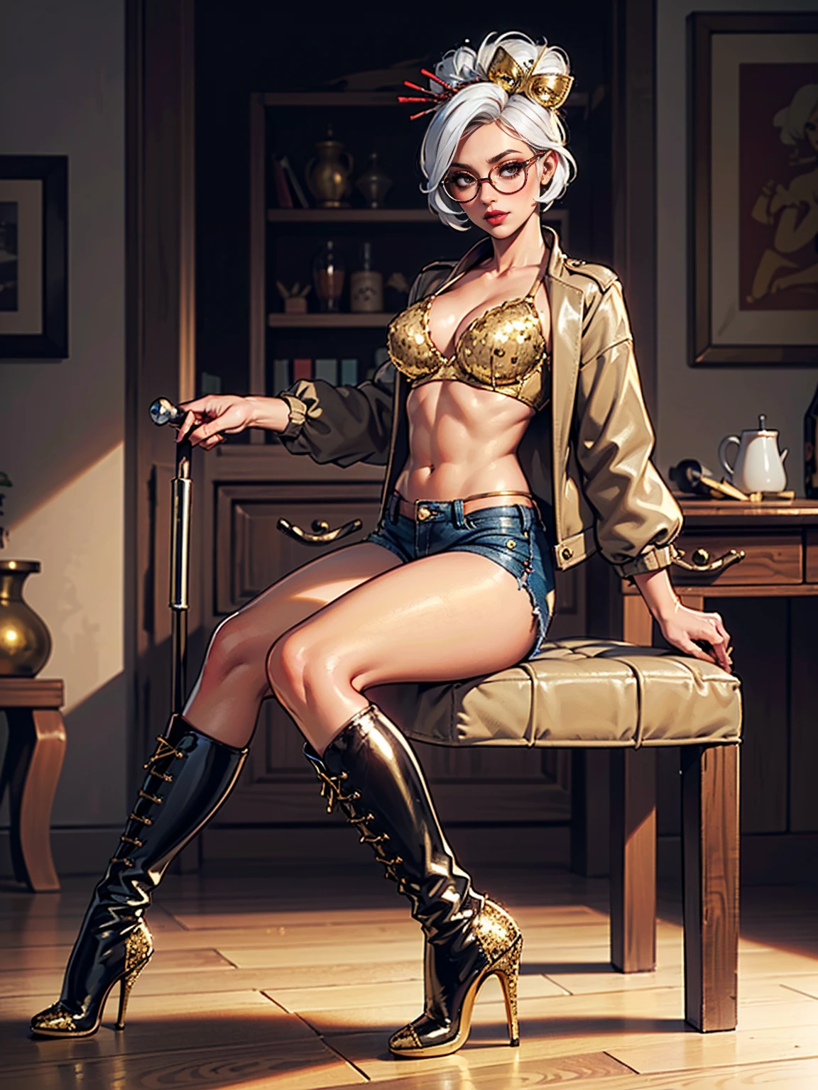 ((Masterpiece,Best Quality, Purah, White Hair, brown Eyes, Red Headband, Hair Ornament, Hair Sticks, Red Glasses, shy, Smug)), ((pink lipstick, Extremely detailed, ambient soft lighting, 4k, perfect eyes, a perfect face, perfect lighting, a 1girl)), ((fitness,, shapely body, athletic body, toned body)), (((sequin encrusted bra, (gold sequin bra), sequin gold), (mini short, short jeans, micro short), ((high heel boots, (stiletto heels, (leather boots, custom boots), stiletto heels), high heel boots, thigh-high boots, beige thigh)), ((black jacket)), entrance hall, entrance, Provencal style docking, Provencal style furniture)), ((sitting, legs apart, chair, sitting with legs apart , sitting on the chair))