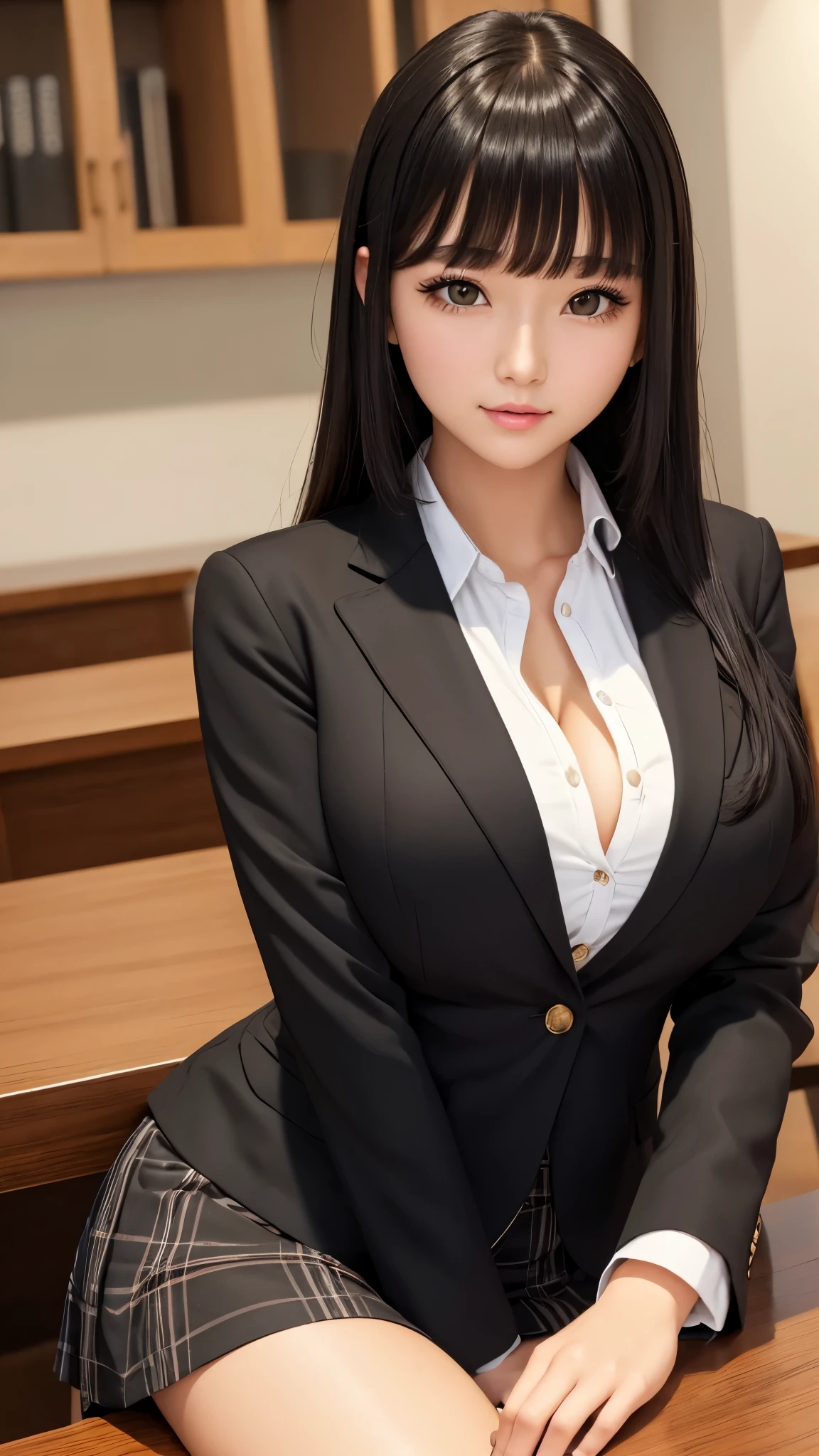 ((high quality)), ((table top)), (detailed face), (highlight), female、Big breasts、blunt bangs、black hair、skirt、blazer
