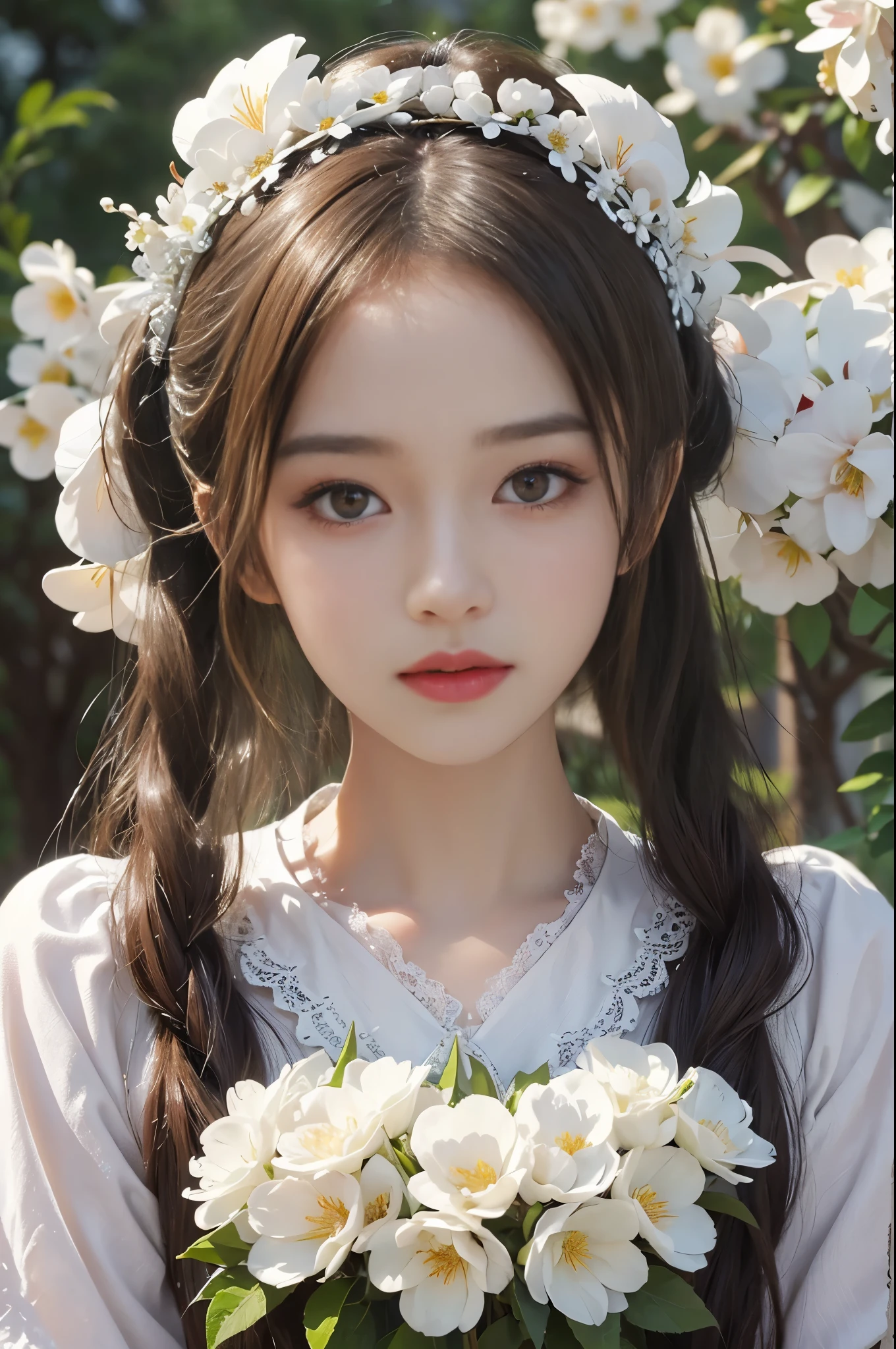 best quality、tmasterpiece、ultra high resolution、actual、1 girl、Glossy skin、((Surreal detailed))、Global photo、8K、Highly complex details、shinning eyes、White ultra-thin transparent lace、Lots of flowers in the background