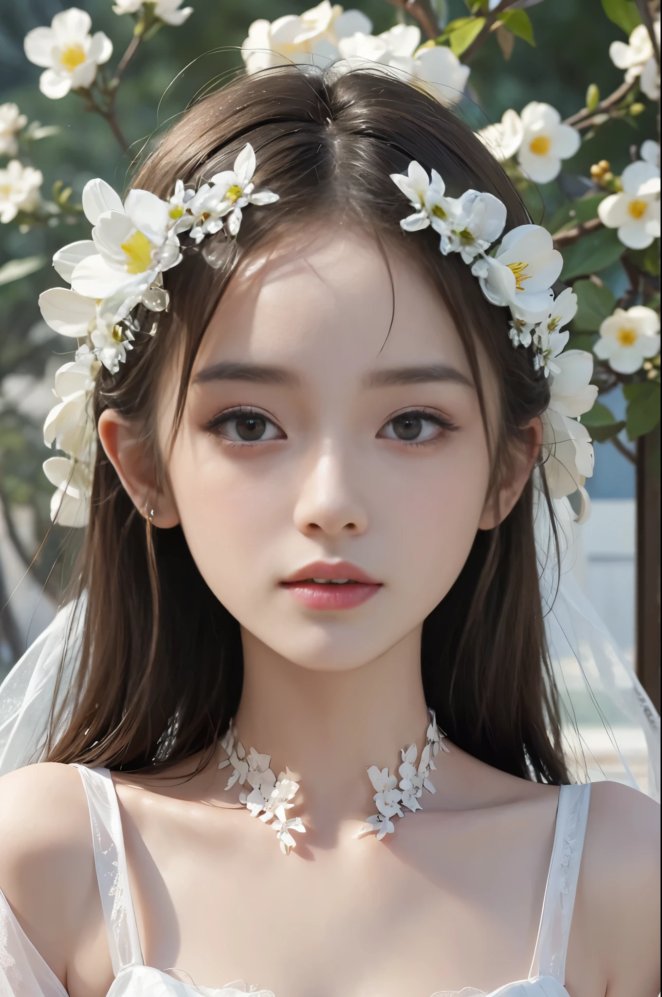 best quality、tmasterpiece、ultra high resolution、actual、1 girl、Glossy skin、((Surreal detailed))、Global photo、8K、Highly complex details、shinning eyes、White ultra-thin transparent lace、Lots of flowers in the background
