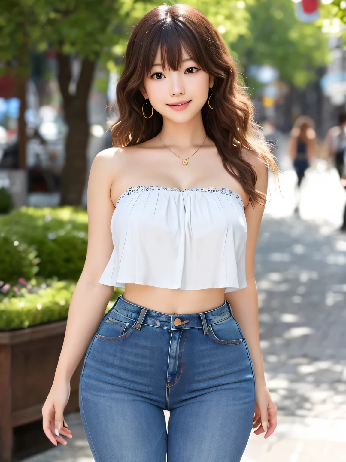 8K, highest quality, real image, intricate details, Super detailed, ultra high resolution, depth field, (realistic:1.2), full body, 1 Japanese girl, very beautiful 17 year old girl, small eyes, beautiful breasts:1.5、highly detailed eyes:1.2), (beautiful breasts:1.1), (small breasts:1.2), wavy hair、curly hair、bangs, Fair skin, (huge hips:1.3), (thick thighs:1.4), (thick legs:1.3), tight waist, alone, light smile, (white bandeau top), BREAK, (skinny jeans), holding a bag, bustling street