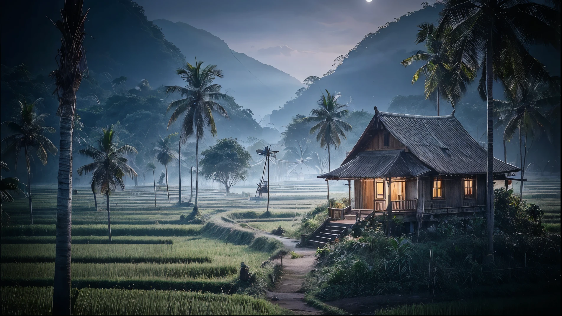 ciptakan sebuah imaginasi yang nyata dengan suasana sejuk dan damai dengan gaya lanscape, jalan yang berliku menuju sebuah rumah, di samping sawah yang hijau, terlihat ada satu rumah kayu beratap seng di tengah sawah, terlihat dua batang pohon kelapa didepannya, dengan suasana yang jernih di malam hari, background malam gelap tersorot cahaya bulan dan gunung besar di bawahnya banyak pohon kelapa dan pohon besar dengan gambar yang sangat jernih