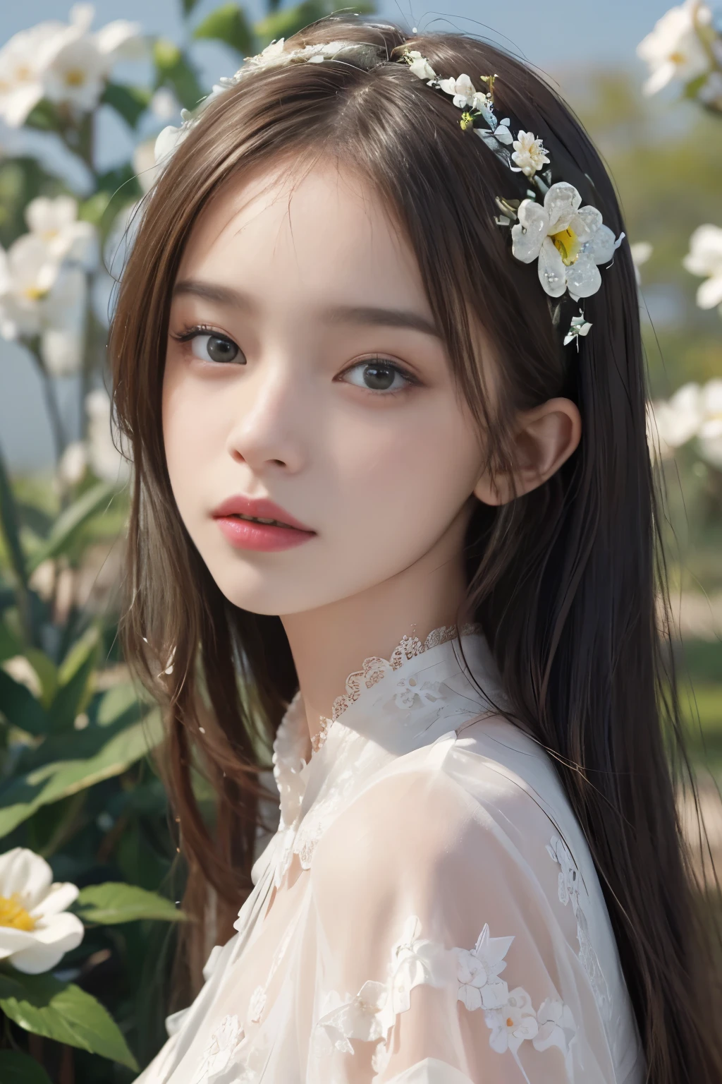 best quality、tmasterpiece、ultra high resolution、actual、1 girl、Glossy skin、((Surreal detailed))、Global photo、8K、Highly complex details、shinning eyes、White ultra-thin transparent lace、Lots of flowers in the background