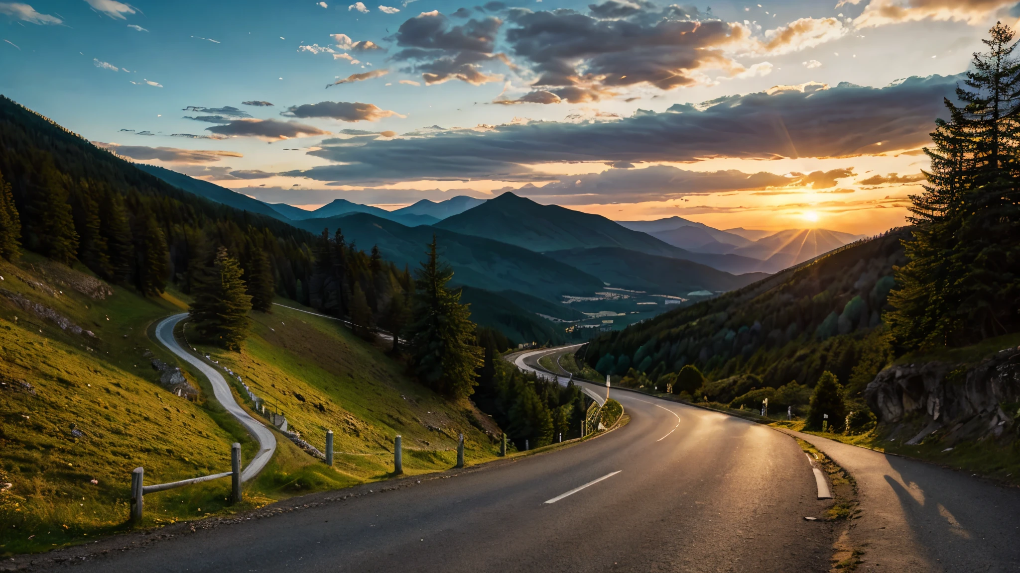 ultra beautiful landscape, A road leads up a mountain, Sonnenaufgang, Trees on the side of the road, Serventine, Gebirge, depth of field, hohe Details, Best quality, Super Detail, Meisterwerk, biker, Cyclist, 